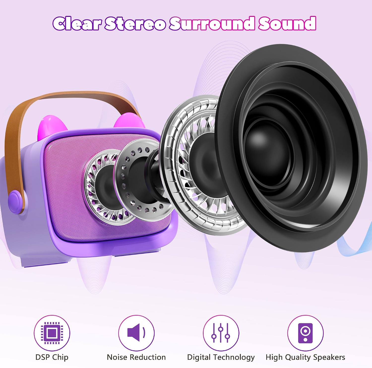 Detalle de Mini Karaoke Machine for Kids, Portable Bluetooth Speaker with 2 Wireless Microphones (Purple)