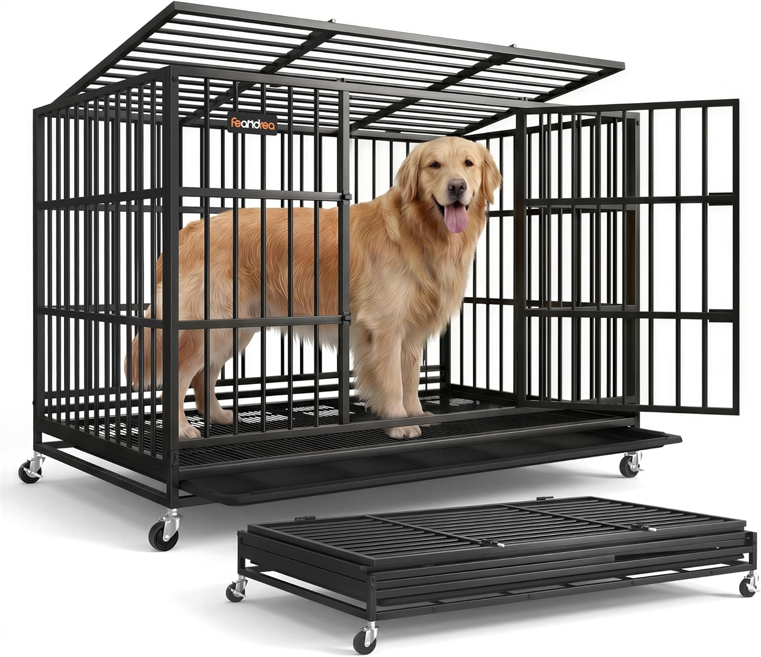 Feandrea Heavy-Duty Dog Crate (PPD035BH01) – 5-minute quick assembly, foldable kennel with lockable wheels