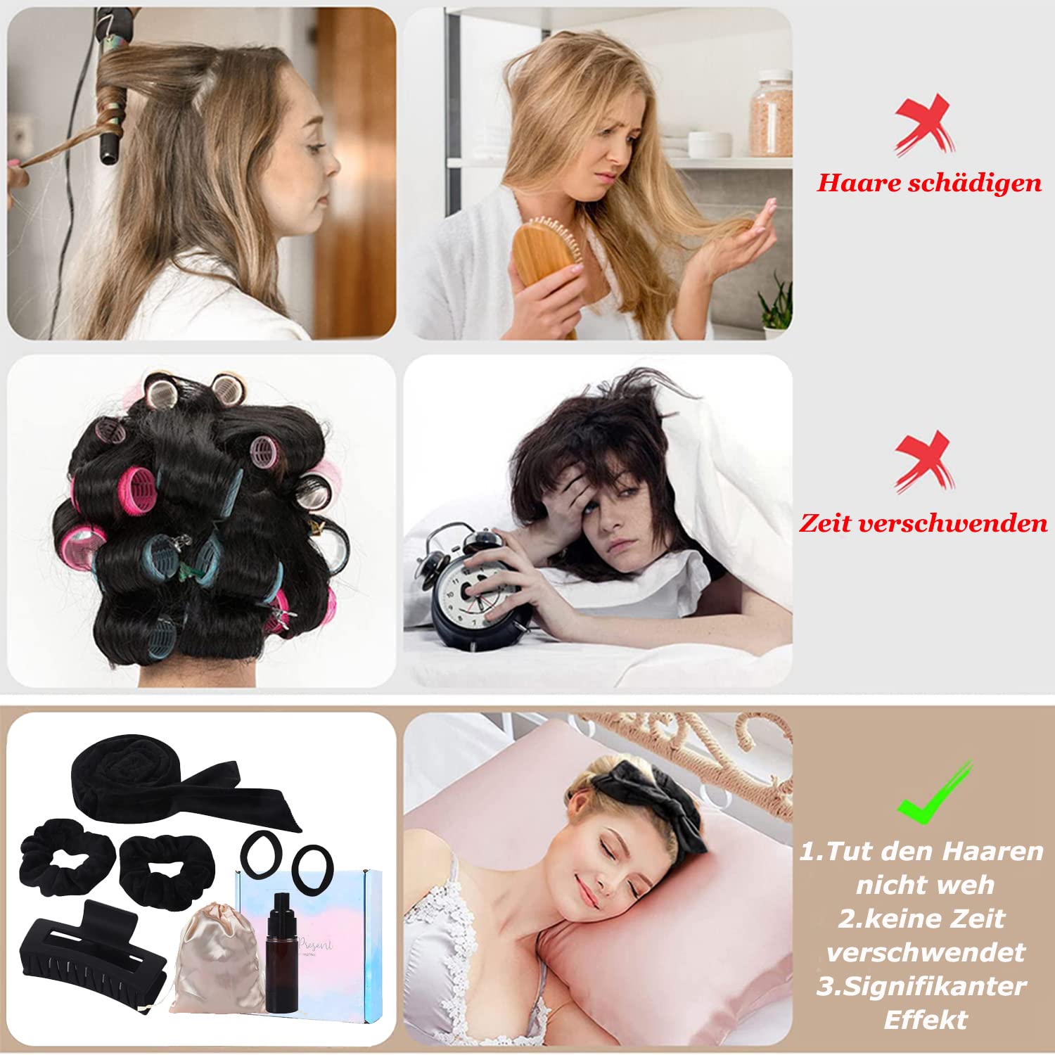 Detalle de Heatless Lockenwickler (ohne Hitze) mit rutschfestem Stirnband – Lockenwickler-Set für langes bis mittleres Haar (schwarz)