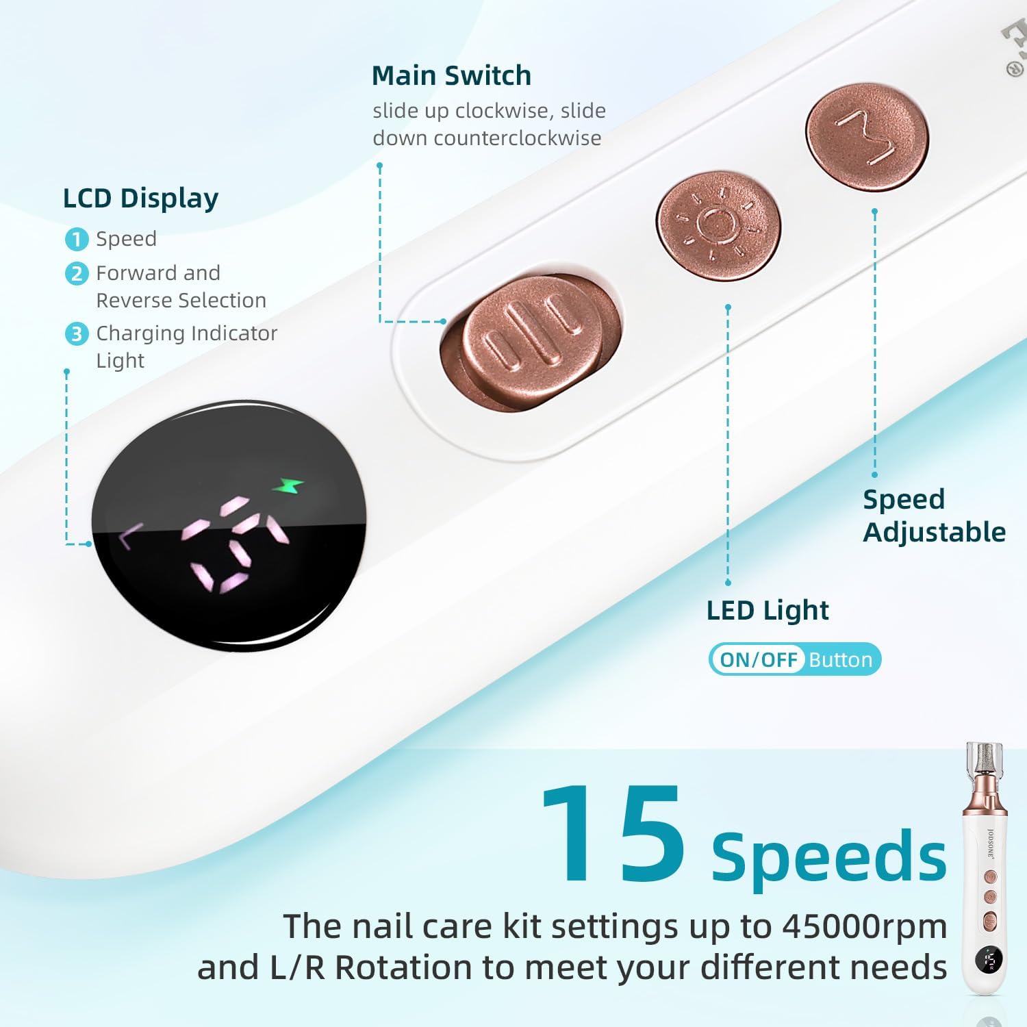 Thumbnail 3 de JODSONE Lima Elettrica per Piedi 2 in 1, senza fili, 15 velocità fino a 4500RPM