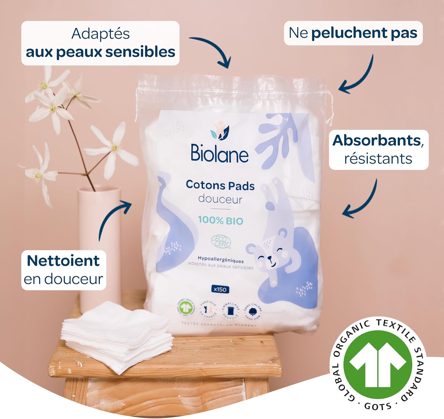 Thumbnail 1 de BIOLANE Soft Cotton Pads for Baby – 150 x 100% Organic Cotton, Made in France