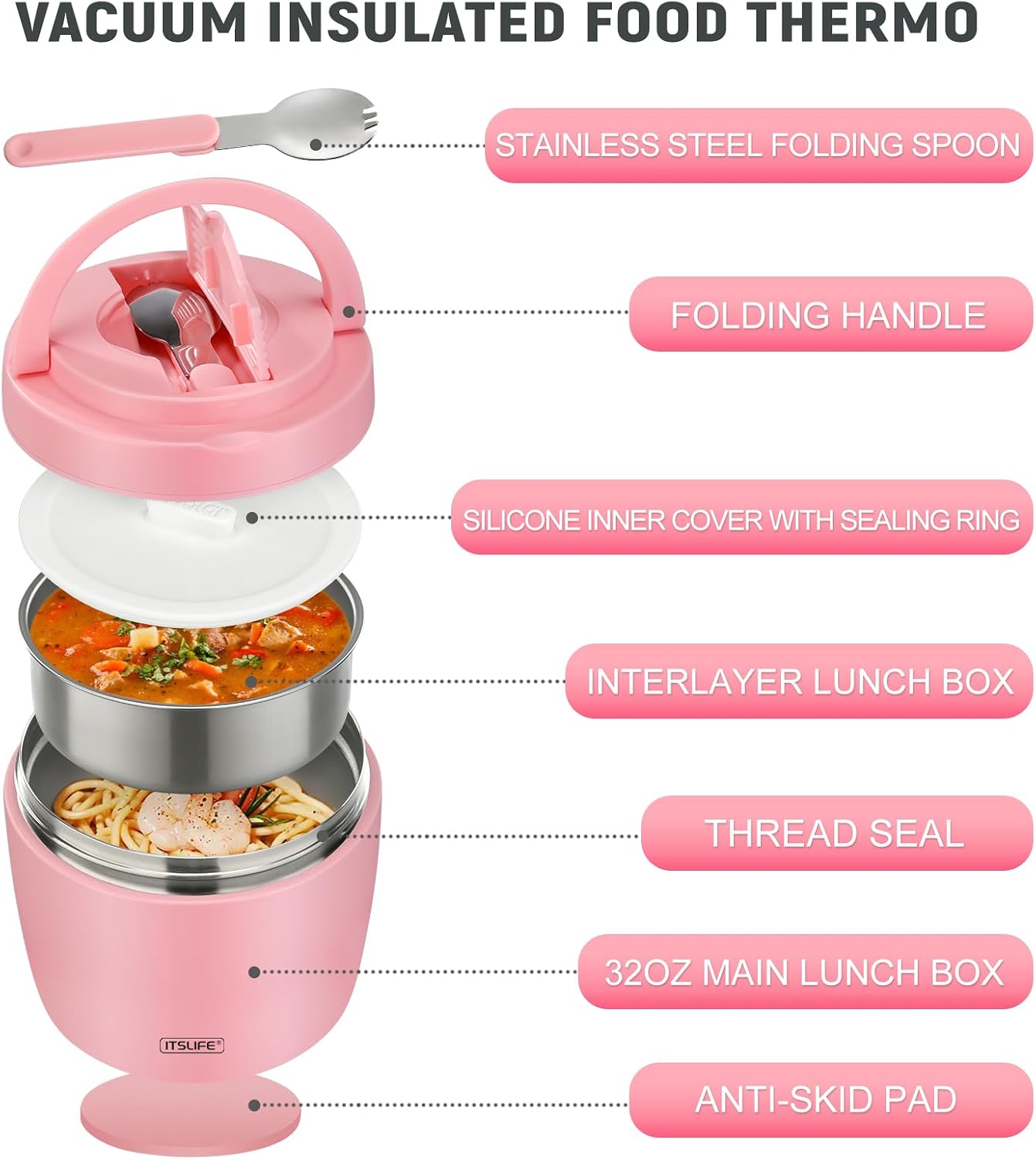 Thumbnail 1 de Itslife Thermobehälter für Essen 970 ml – Thermoschüssel mit Deckel, Warmhaltebehälter aus Edelstahl mit Löffel (rosa)