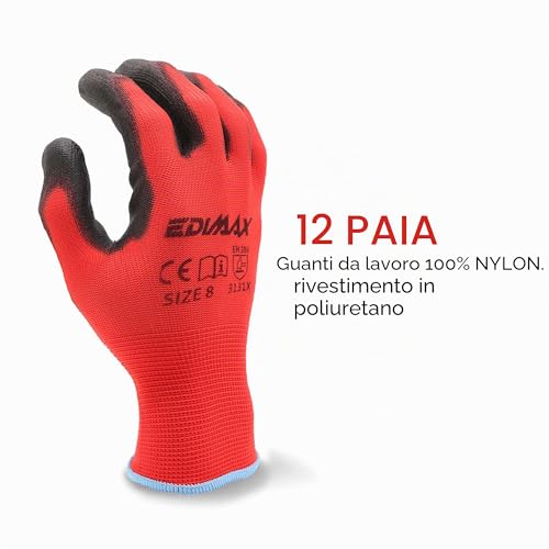 Detalle de EDIMAX Guanti da Lavoro in Nylon PU, 12 Paia, Taglia M (8) – Protezione contro abrasione e taglio livello 3