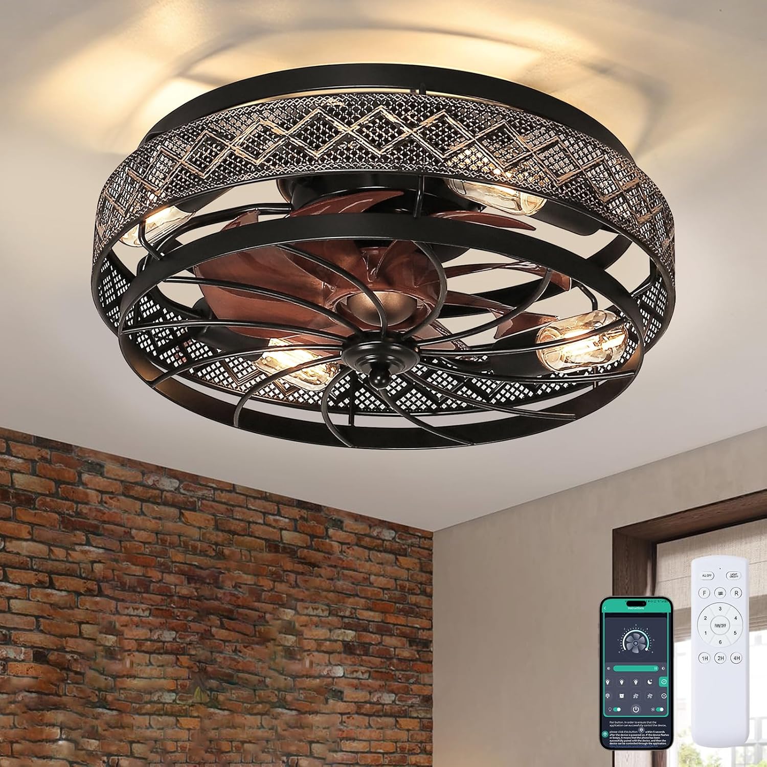 Detalle de SHIHOT 6202 Low-Profile Caged Ceiling Fan with Light, Remote and Reversible Airflow