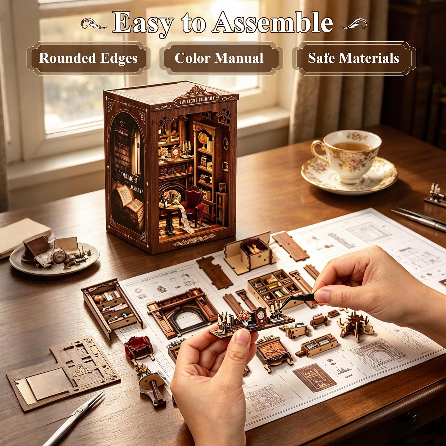 Detalle de Book Nook Kit for Adults: LUMYCE DIY Miniature House with LED Light, Dust Cover and 3D Wooden Puzzle
