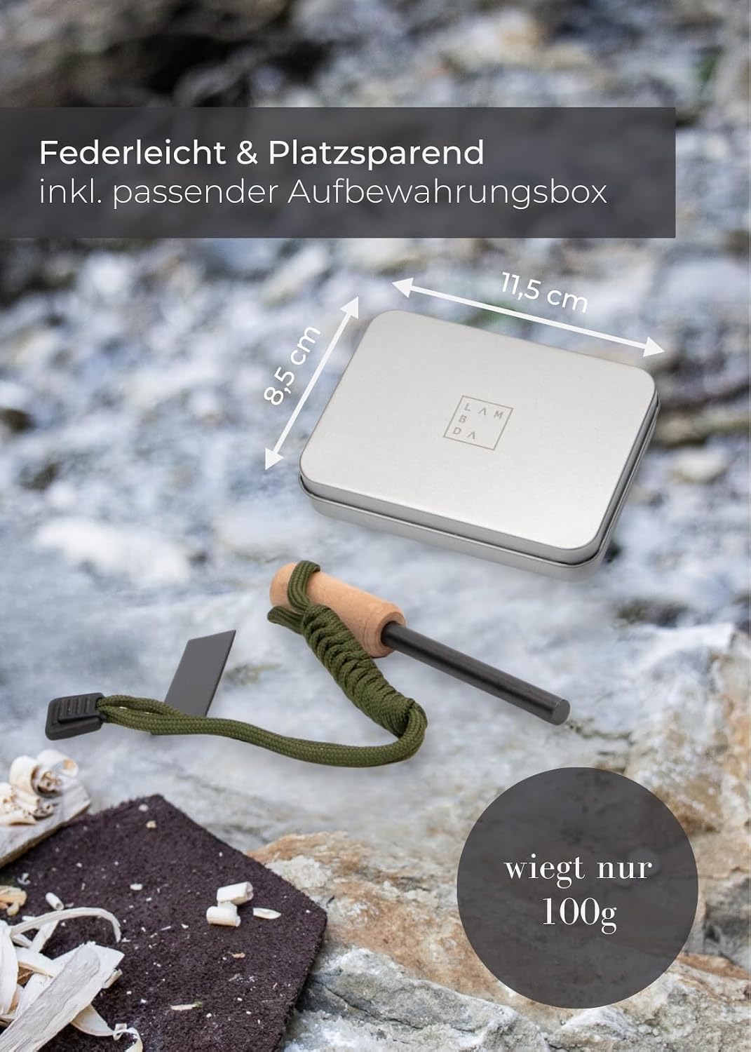 Thumbnail 3 de LAMBDA COFFEE® Ember Magnesium-Feuerstarter mit Feuerstahl, Kienspan und Metallbox für Zunder
