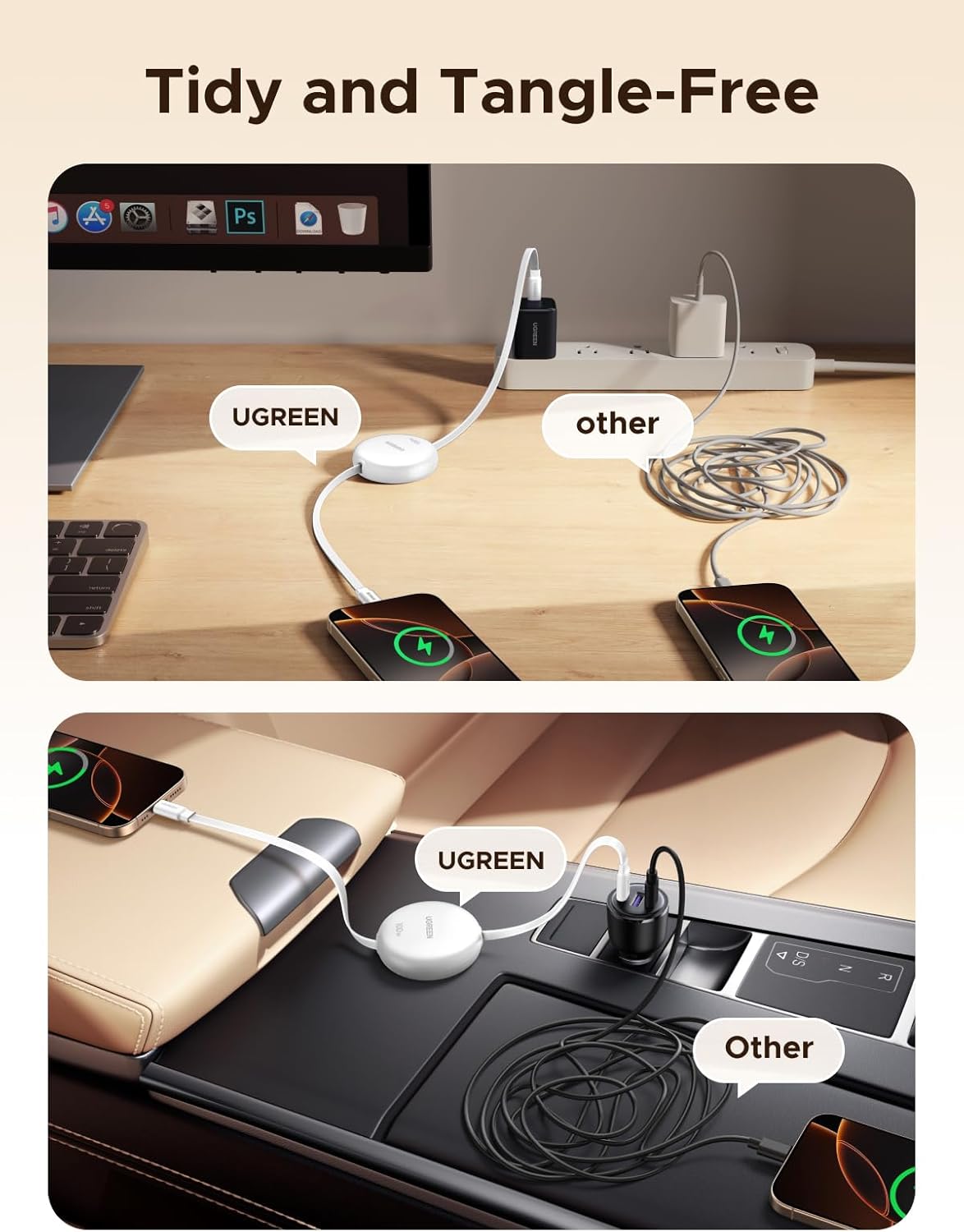 Detalle de UGREEN 100W Cavo USB-C Retrattile PD 3.0 (Bianco) con ricarica rapida e lunghezze regolabili