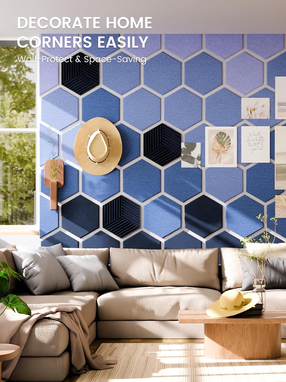 Detalle 2 de Fluxynara 10-Pack Hexagon Felt Bulletin Boards, Denim Mist, 50 Adhesive Tabs