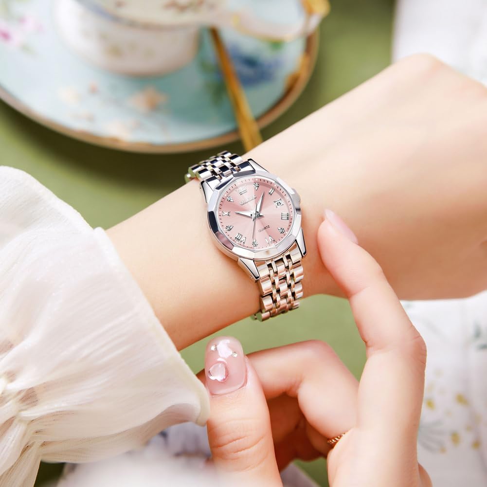 Detalle de OLEVS Damenuhr Quarz mit Diamant-Indexen, Edelstahlarmband, 30m Wasserdicht – Geschenkqualität