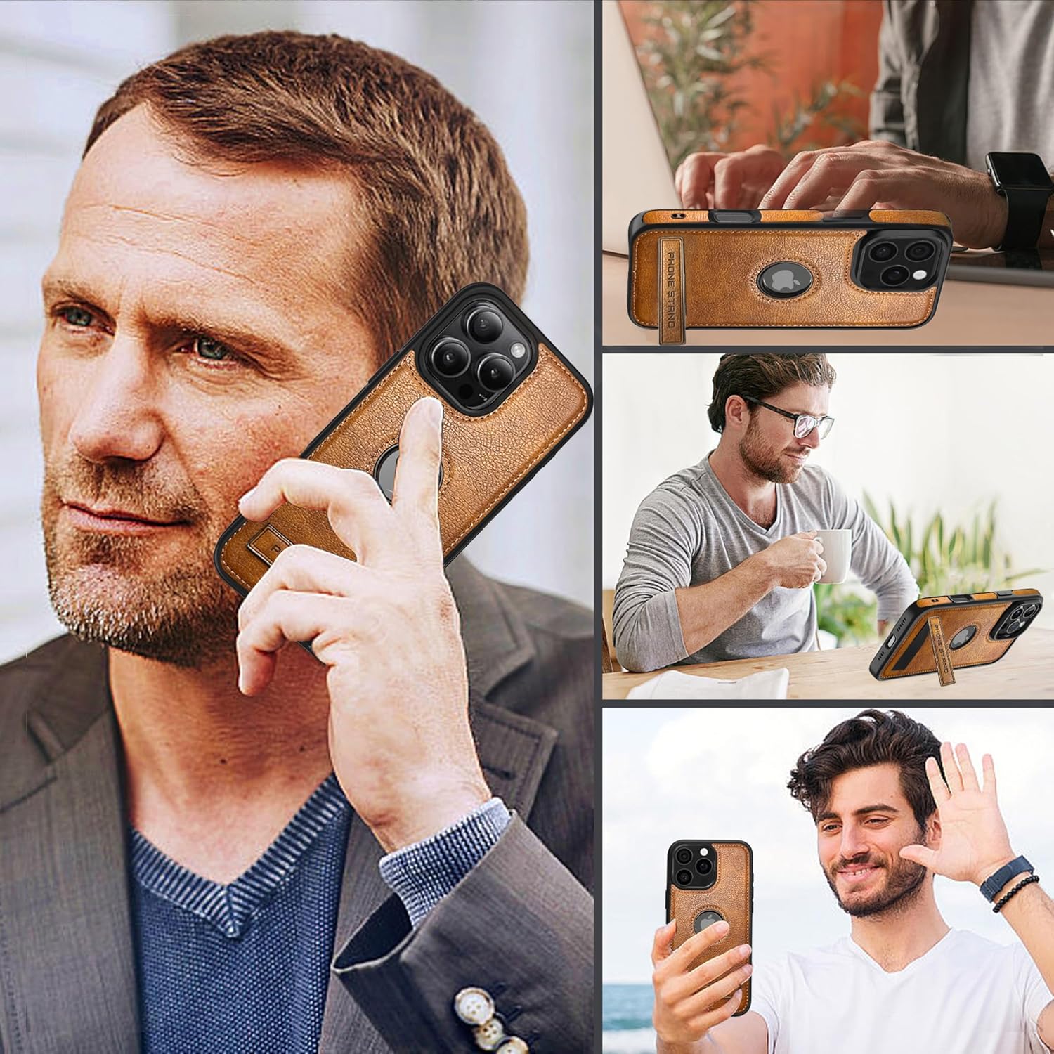 Thumbnail 5 de KSELF Leather Case for iPhone 16 Pro Max (6.9") with Built-in Invisible Kickstand, Protective Slim TPU + PU Leather, Brown