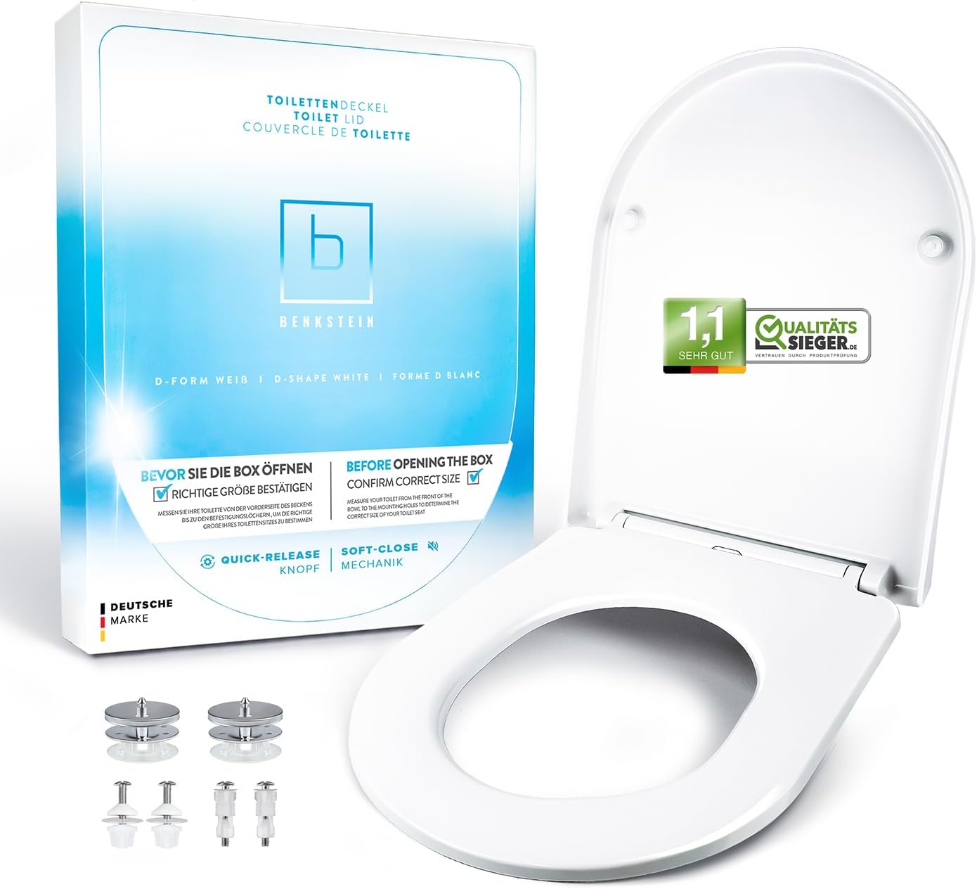 Benkstein® Premium Toilettendeckel antibakteriell (D-Form) weiß mit Quick-Release & Softclose – 36 x 42,5 cm