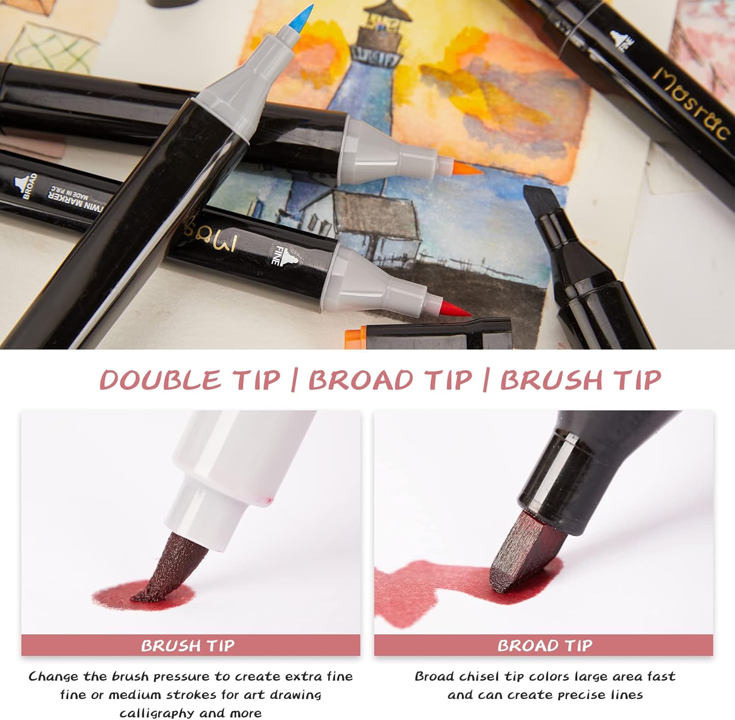 Detalle de Feutres à alcool Twinmarkers 121 couleurs – lot professionnel 2 pointes avec étui et blender incolore