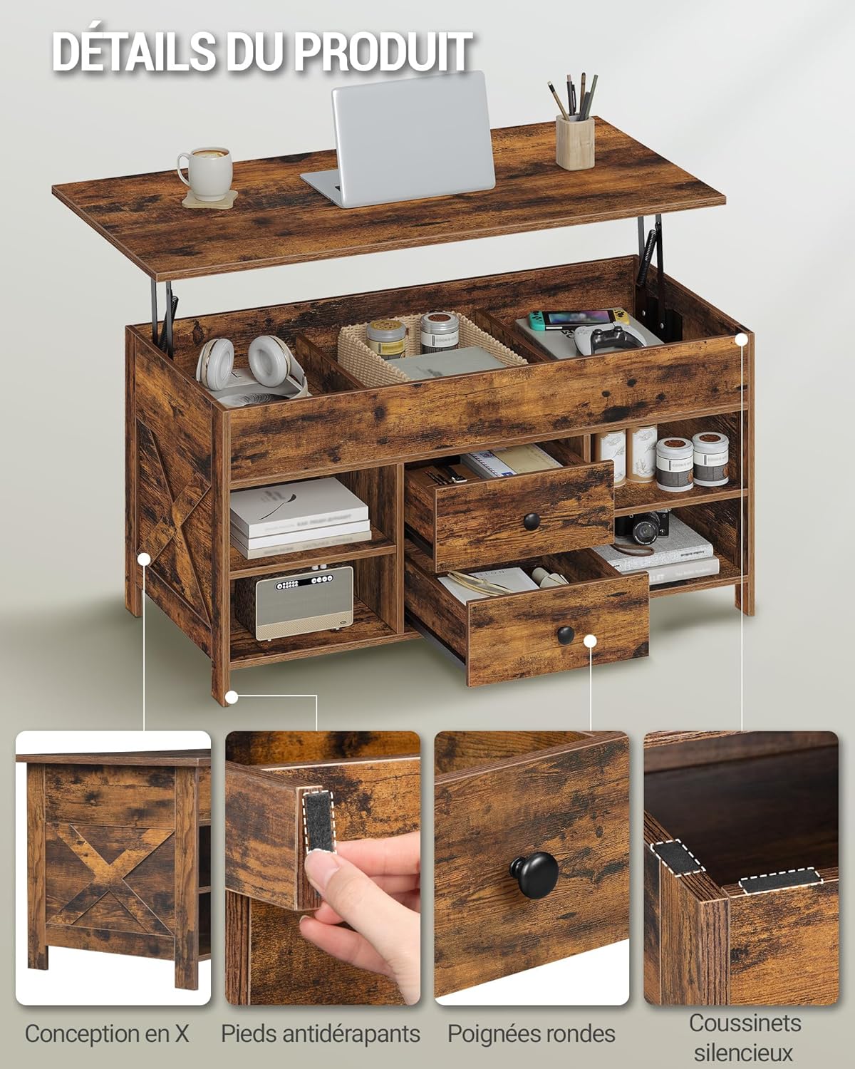 Thumbnail 5 de Hzuaneri Table basse à plateau relevable, 2 tiroirs et rangement caché CT22101B