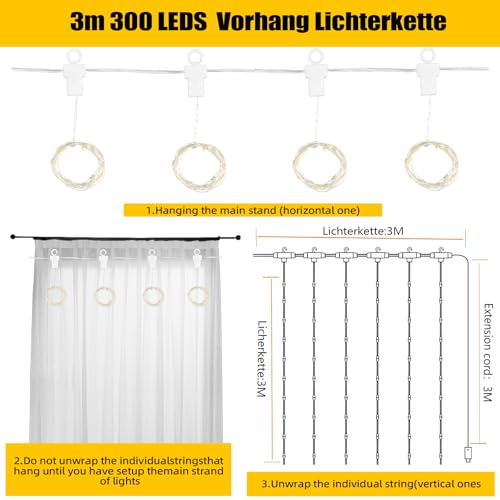 Detalle de CNMTCCO cortina de luces LED de 300 luces, 3 x 3 m, USB y 8 modos