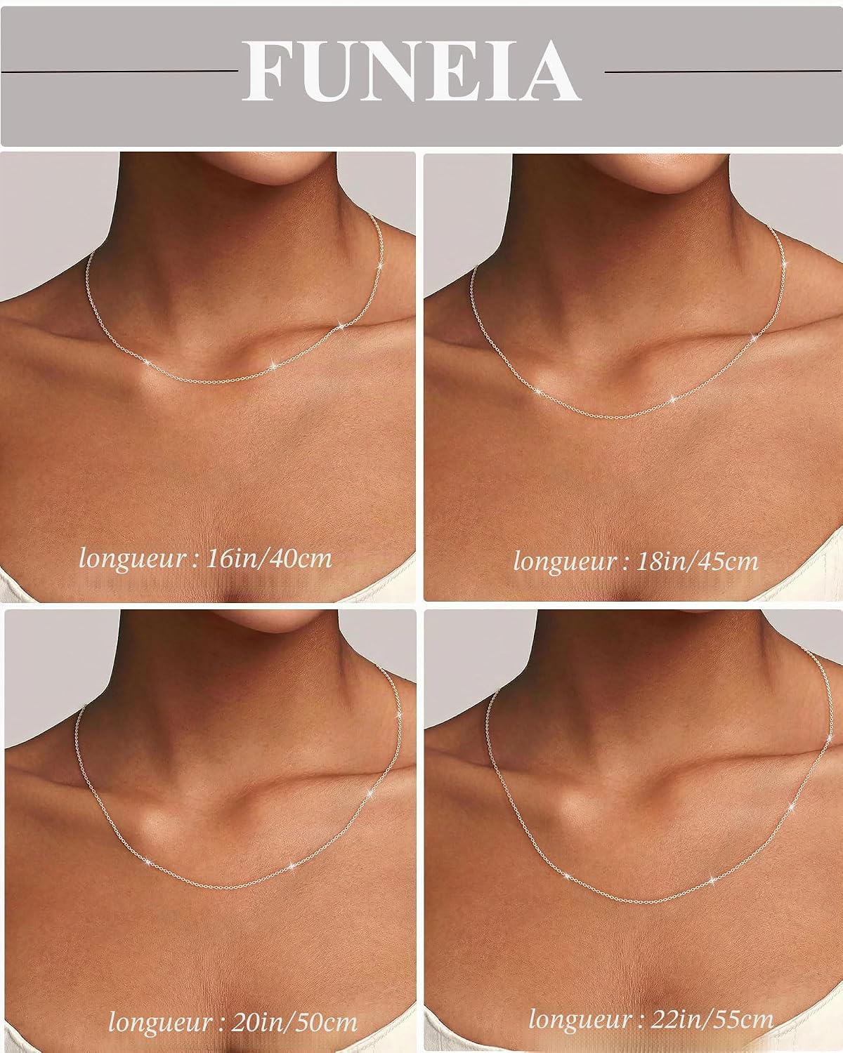 Detalle de FUNEIA Collier en Argent Sterling 925 – chaîne fine 1,1 mm / 1,3 mm, longueurs 40–55 cm, sans pendentif