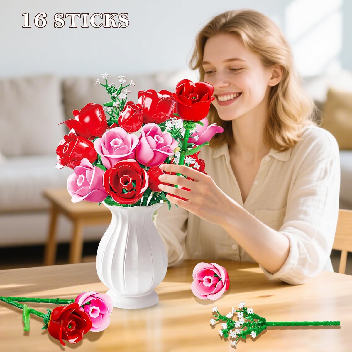 Thumbnail 5 de HOGOKIDS Blumenstrauß-Bausatz mit Lichtern – 16 künstliche Rosen, LED-Beleuchtung, 387 Teile (Rosa)