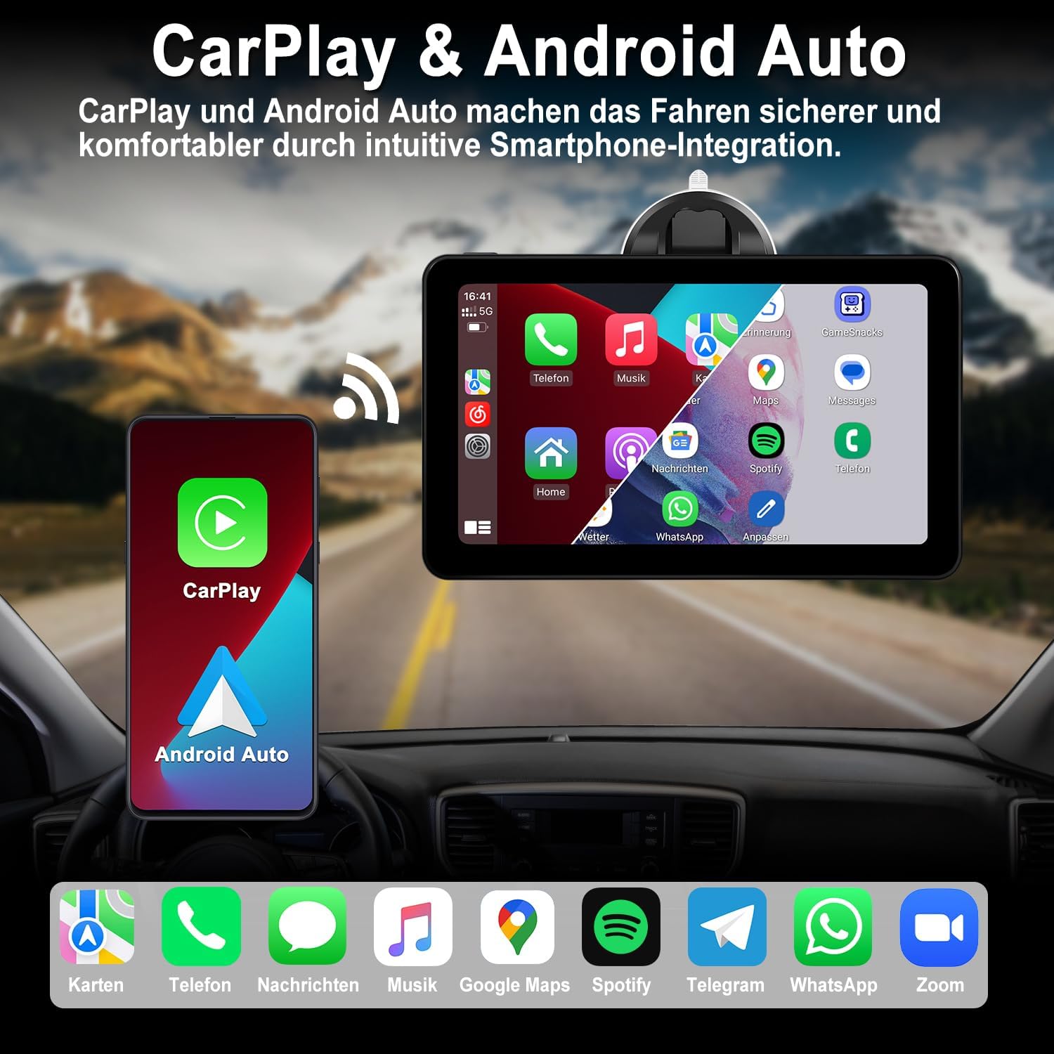 Detalle 2 de Aonerex Tragbares CarPlay Display 7 Zoll – kabellose CarPlay/Android Auto Lösung mit Touchscreen