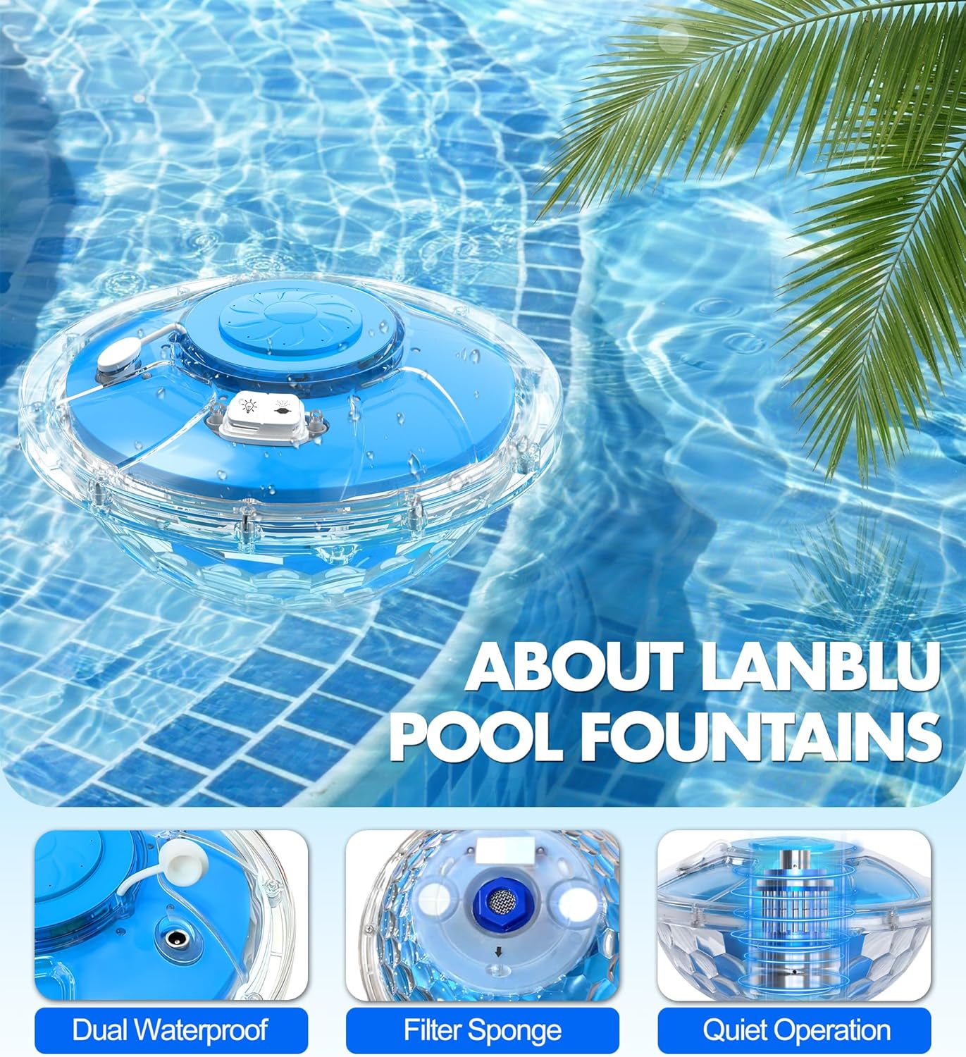 Detalle de LanBlu Fontaine Flottantepour Piscine avec Spectacle Lumineux et Ancre – 8000 mAh, 130 cm de jet