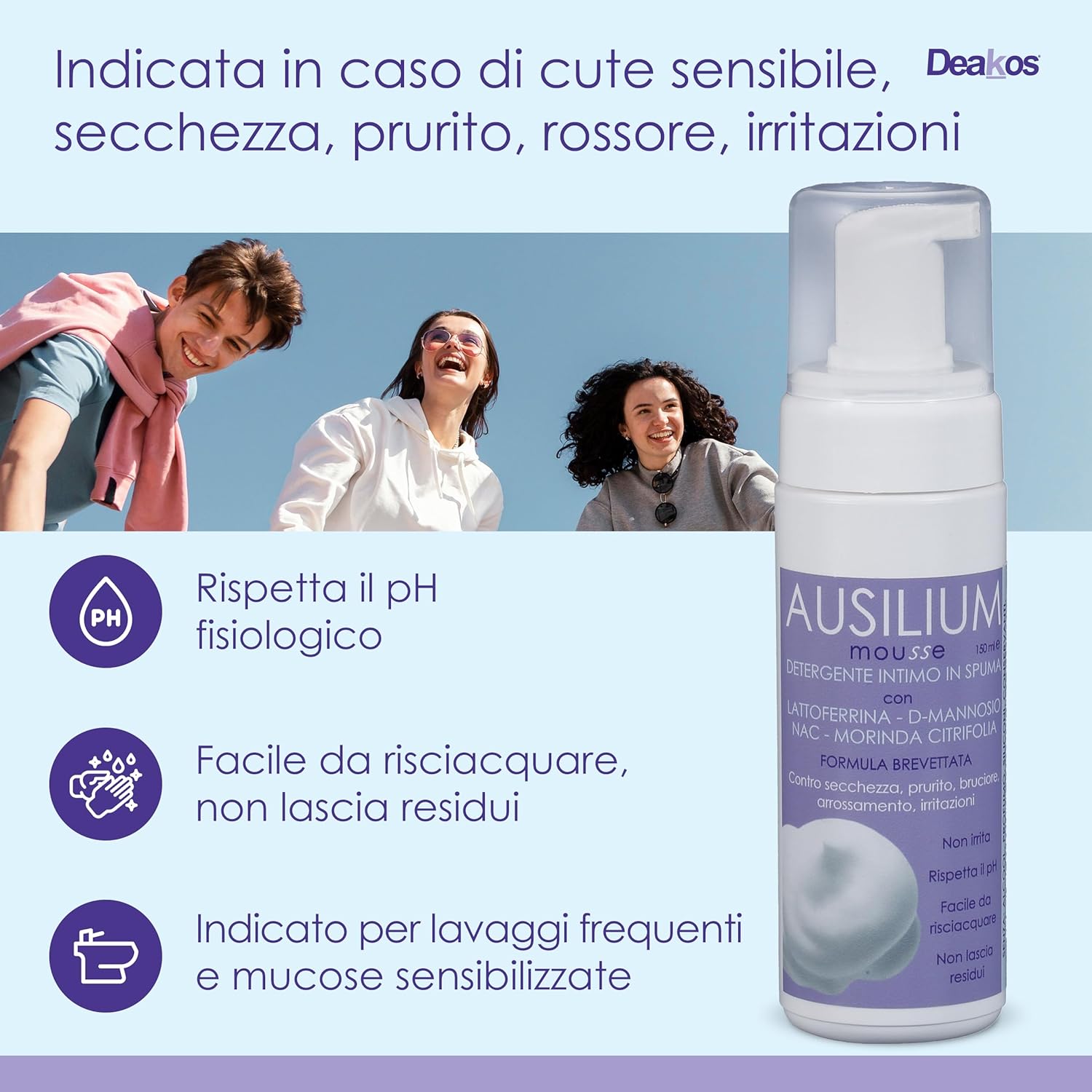Detalle de Deakos Ausilium Mousse Detergente Intimo: sollievo delicato per tutta la famiglia