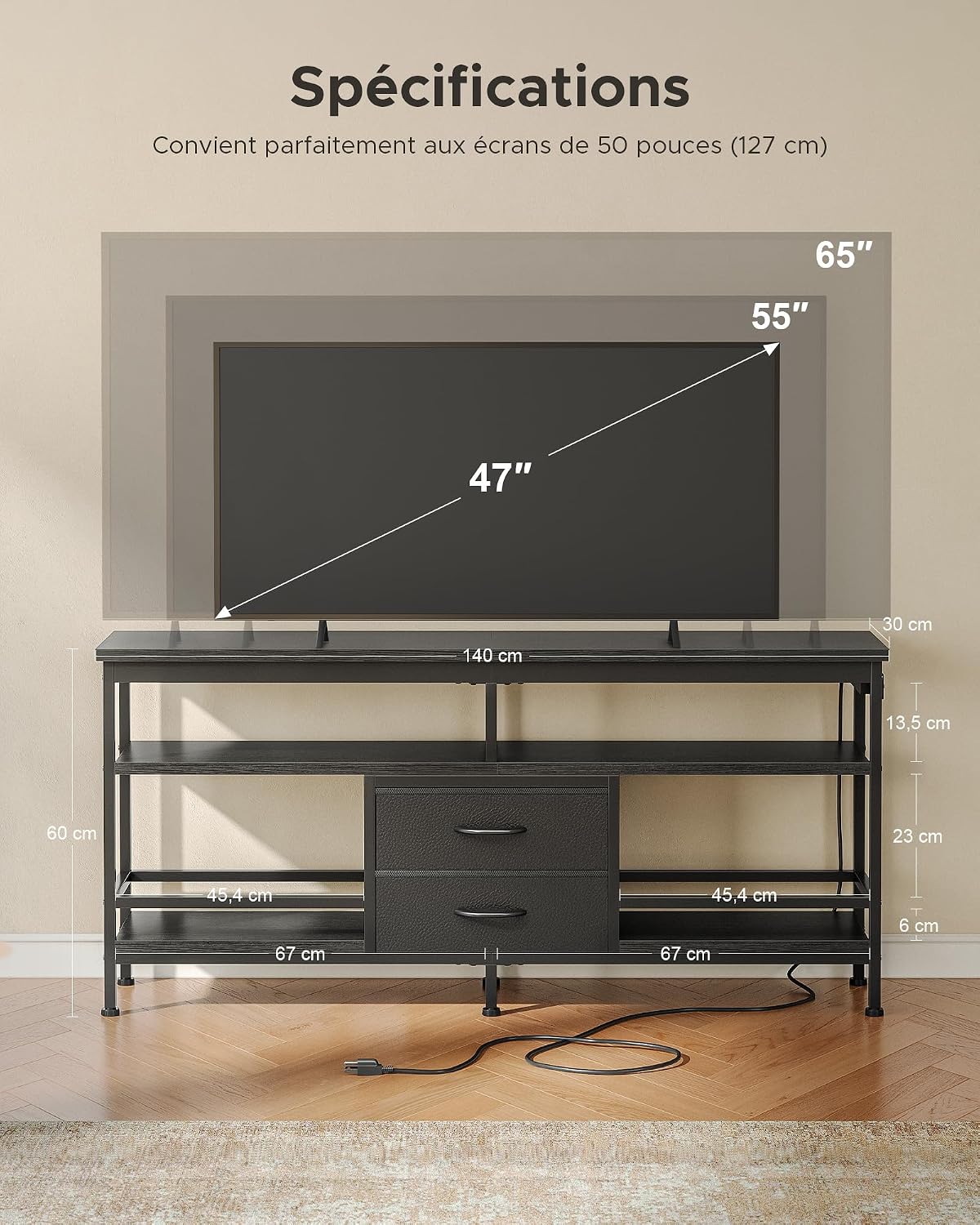 Thumbnail 1 de CO-Z Meuble TV 140 cm — Éclairage LED, hub USB et étagères ouvertes