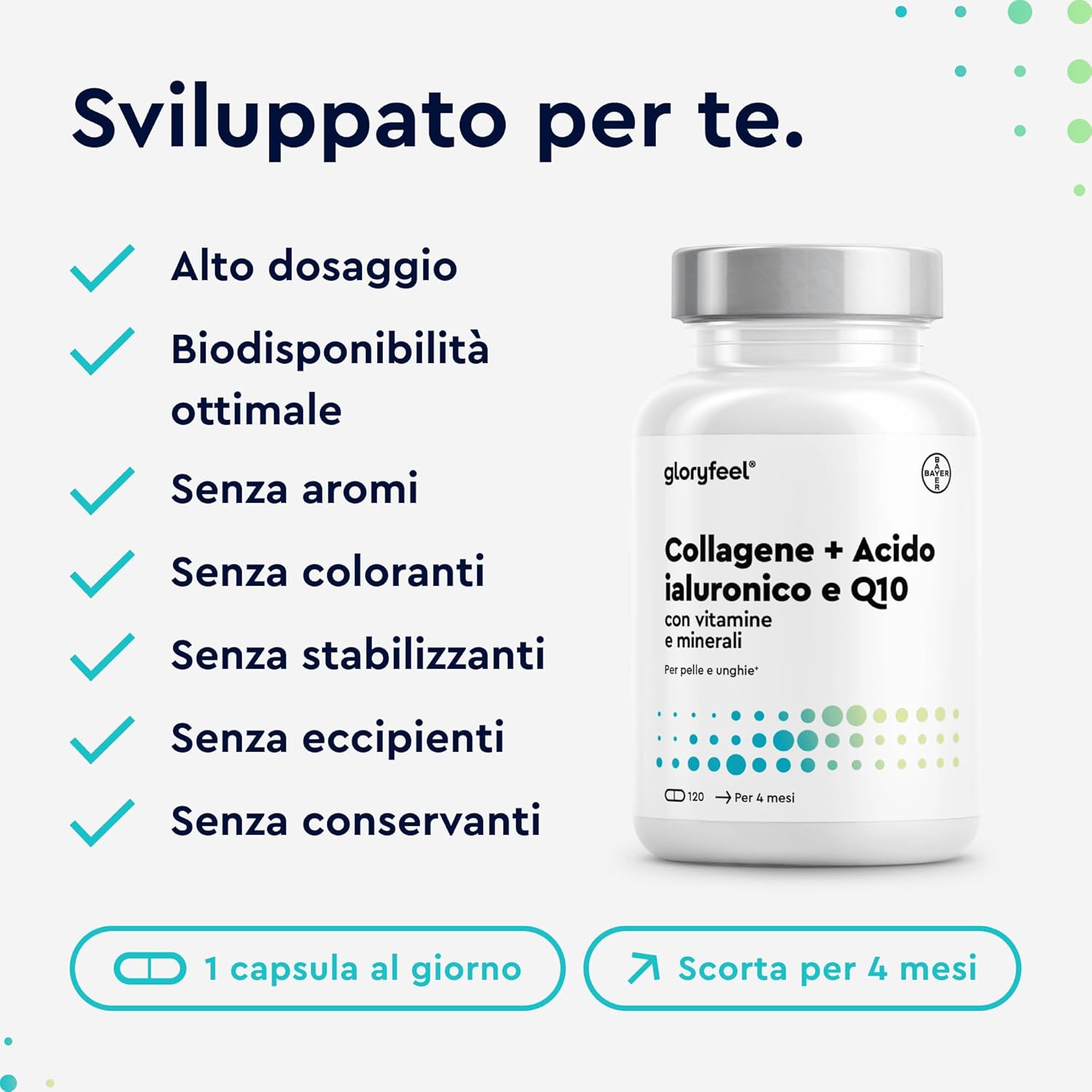 Detalle de Collagene IDROLIZZATO + Acido Ialuronico + Coenzima Q10, Integratore per pelle, capelli e unghie – 120 capsule