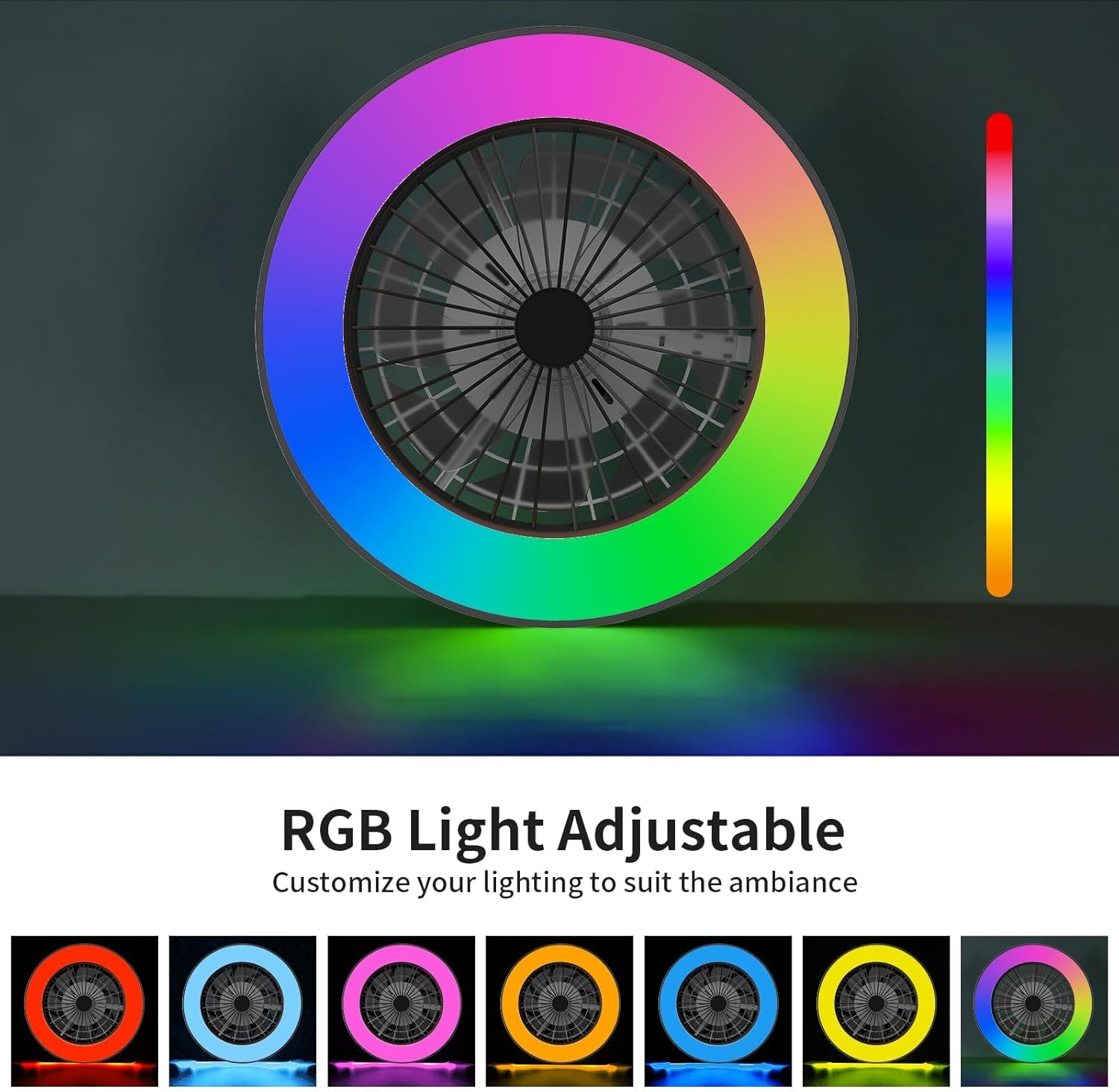 Detalle de BKZO Modern LED Ceiling Light with Fan – RGB Light and 6-Speed Fan (Black, 50cm)