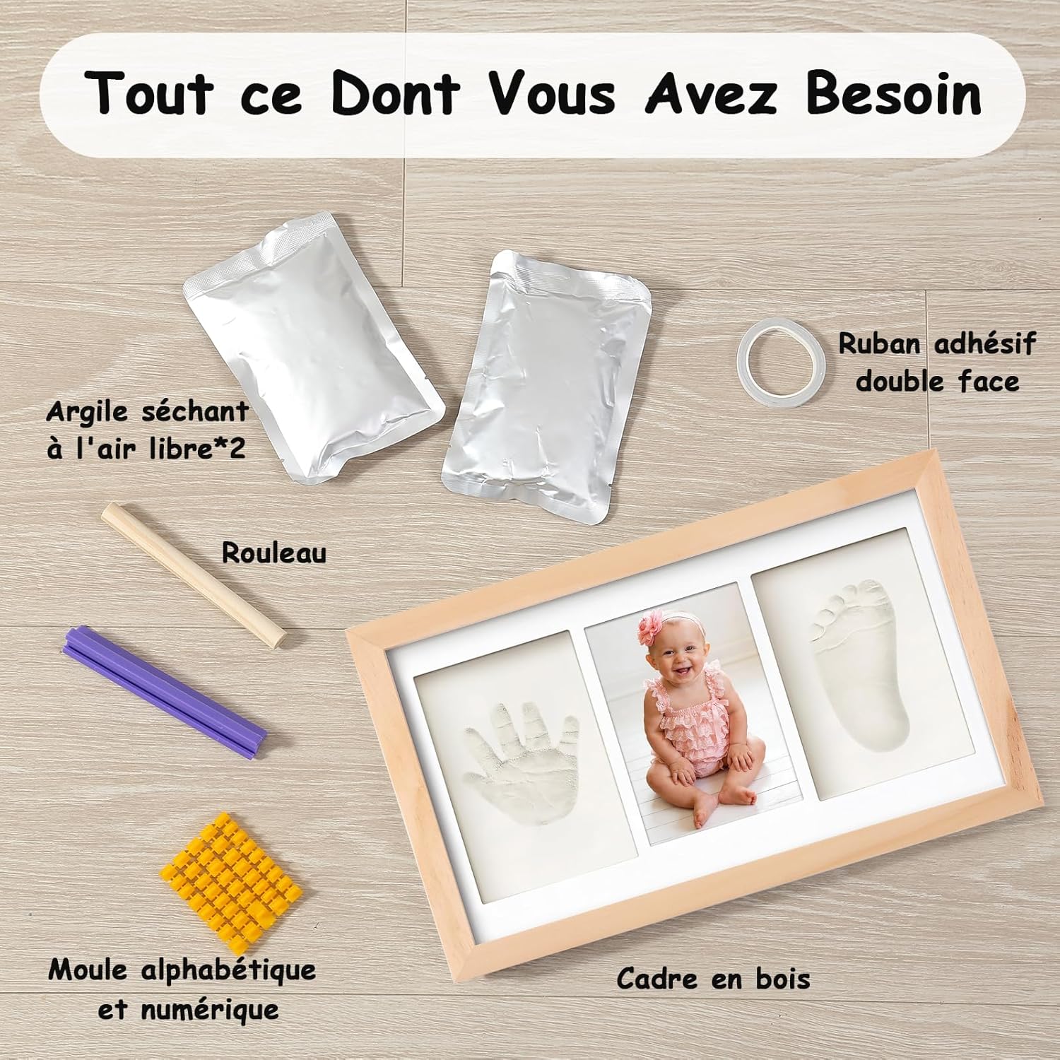 Thumbnail 1 de Yiukou Cadre Empreinte Main et Pied Bébé avec Argile – Kit personnalisé pour Naissance et Baby Shower