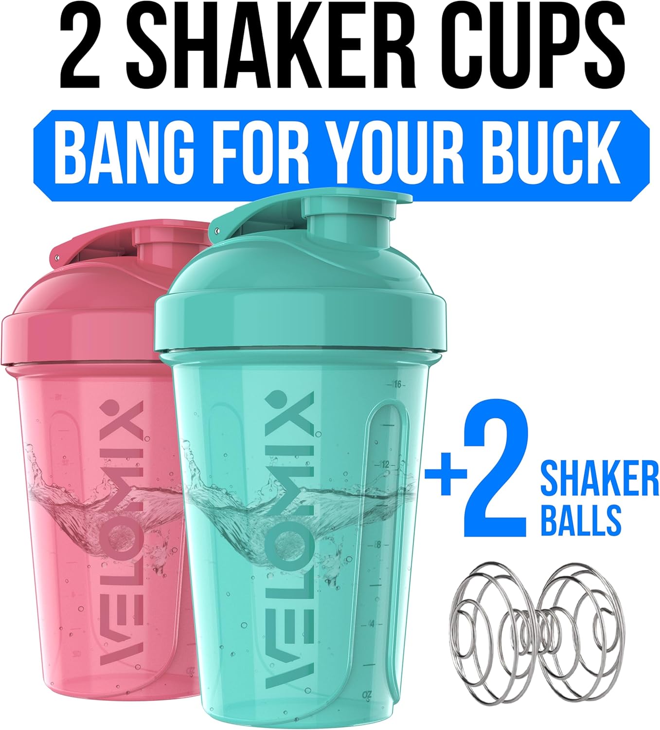 Thumbnail 1 de VELOMIX 2-Pack 20 oz Protein Shaker Bottles with Wire Whisks (Pink/Turquoise)