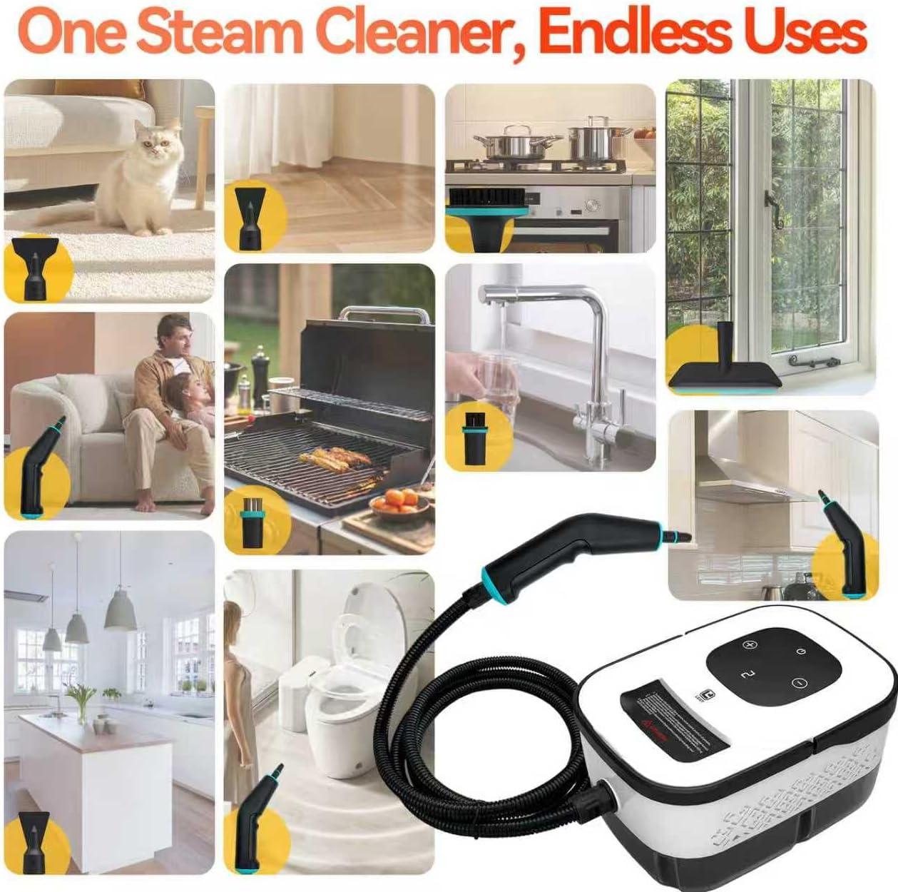 Detalle de VniYors 2500W Handheld Steam Cleaner: 6-Speed, 1250ml Tank, 10 Attachments