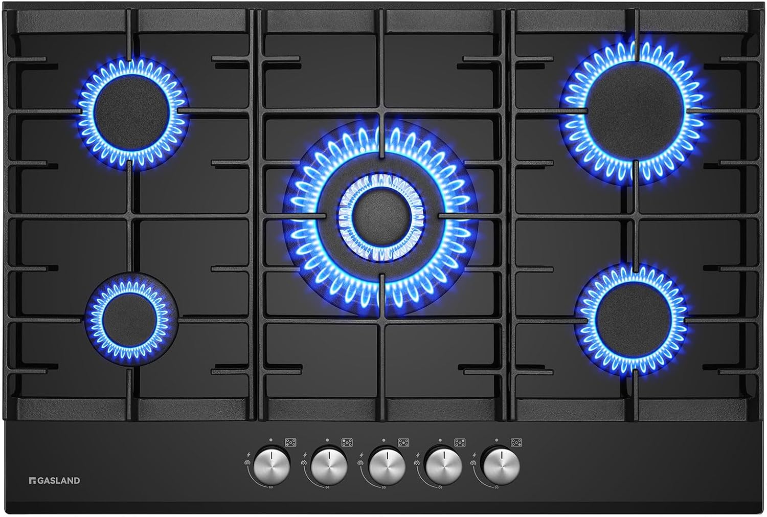 Detalle de GASLAND GH2805BG1FC 76 cm Glas Gaskochfeld mit 5 Flammen und Wok-Brenner