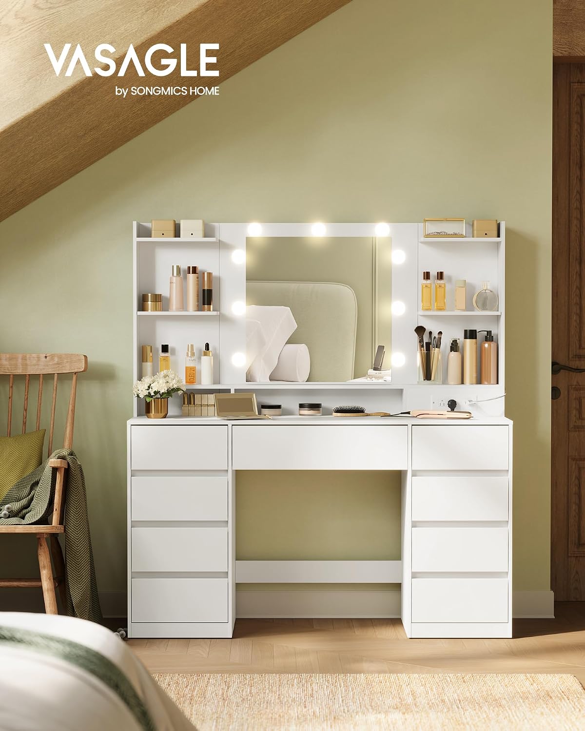 Detalle 2 de VASAGLE URDT141WB01S Vanity Desk with Mirror, Lights and 9 Drawers