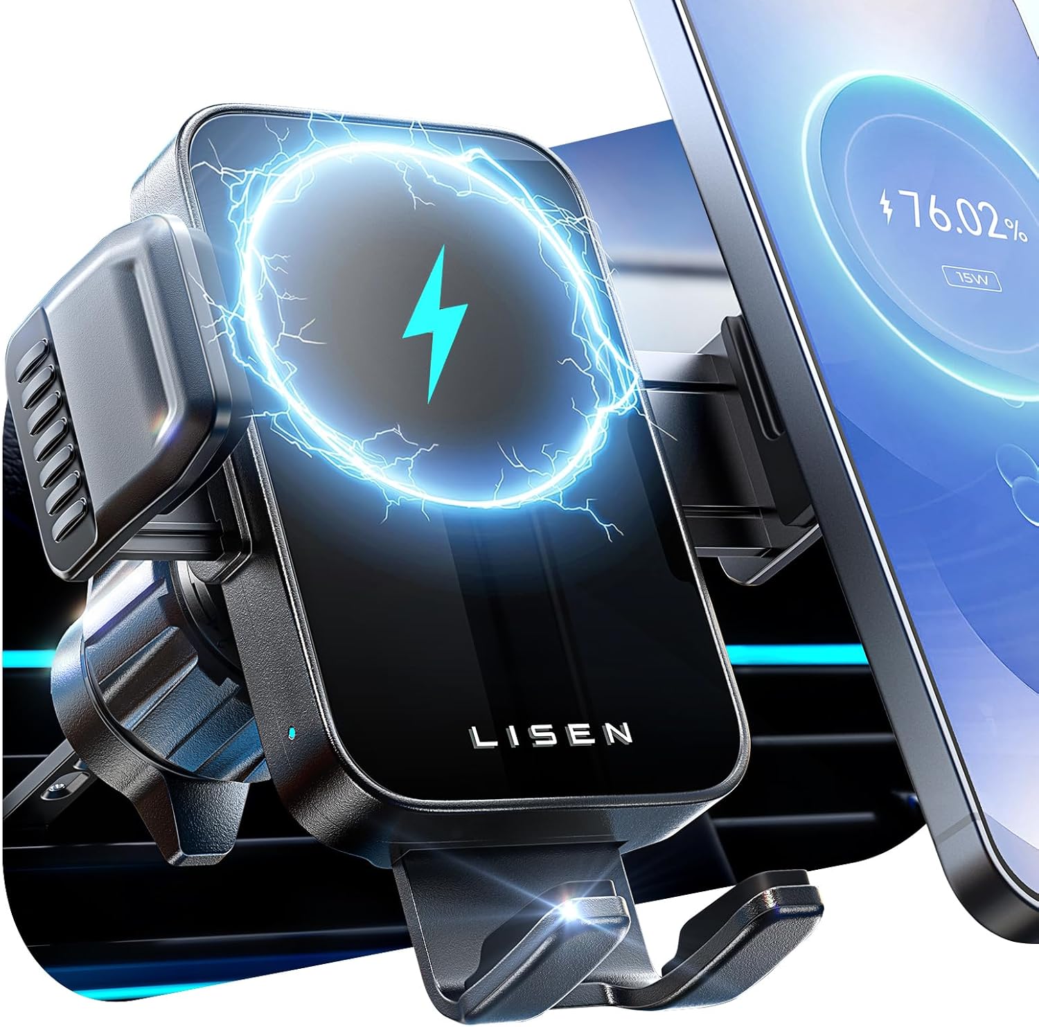 Detalle de LISEN Car Phone Holder Wireless Charger (No Shake) 15W – Secure, Vent‑Safe Wireless Car Charger