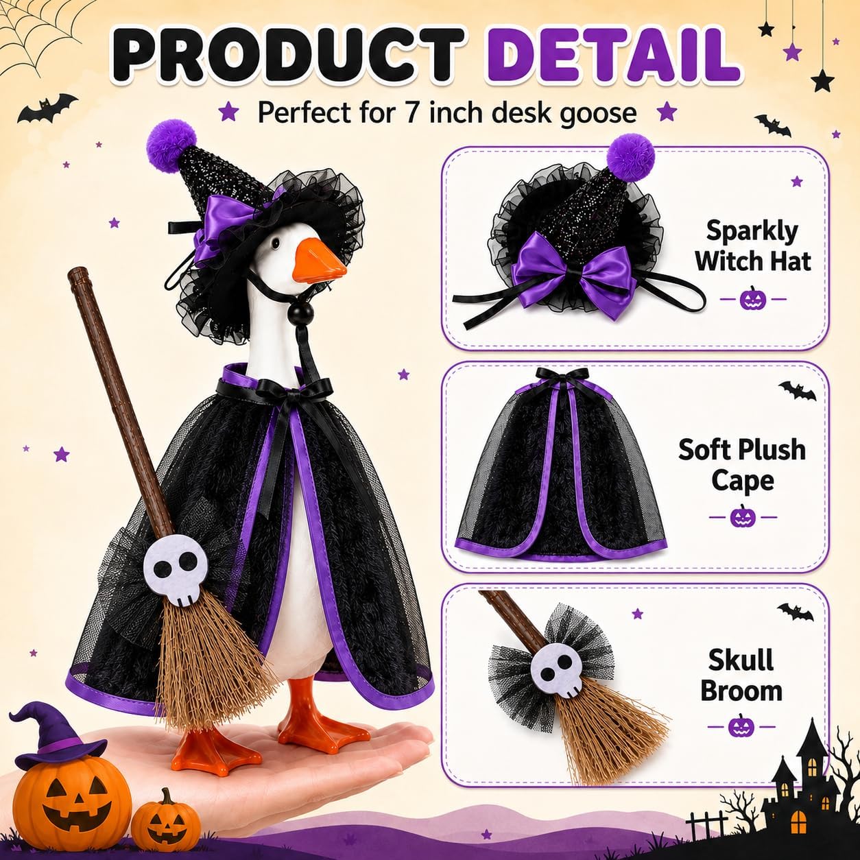 Detalle 2 de SECVOY Desk Goose Halloween Outfits, 7-Inch Purple Witch Costume Set