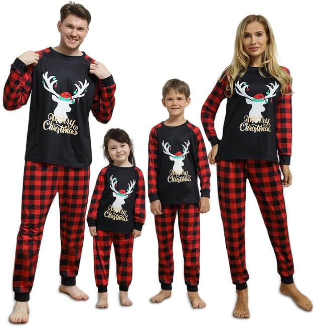 Detalle de Sizet Family Christmas Pajamas Set, Reindeer Print and Red-and-Black Plaid