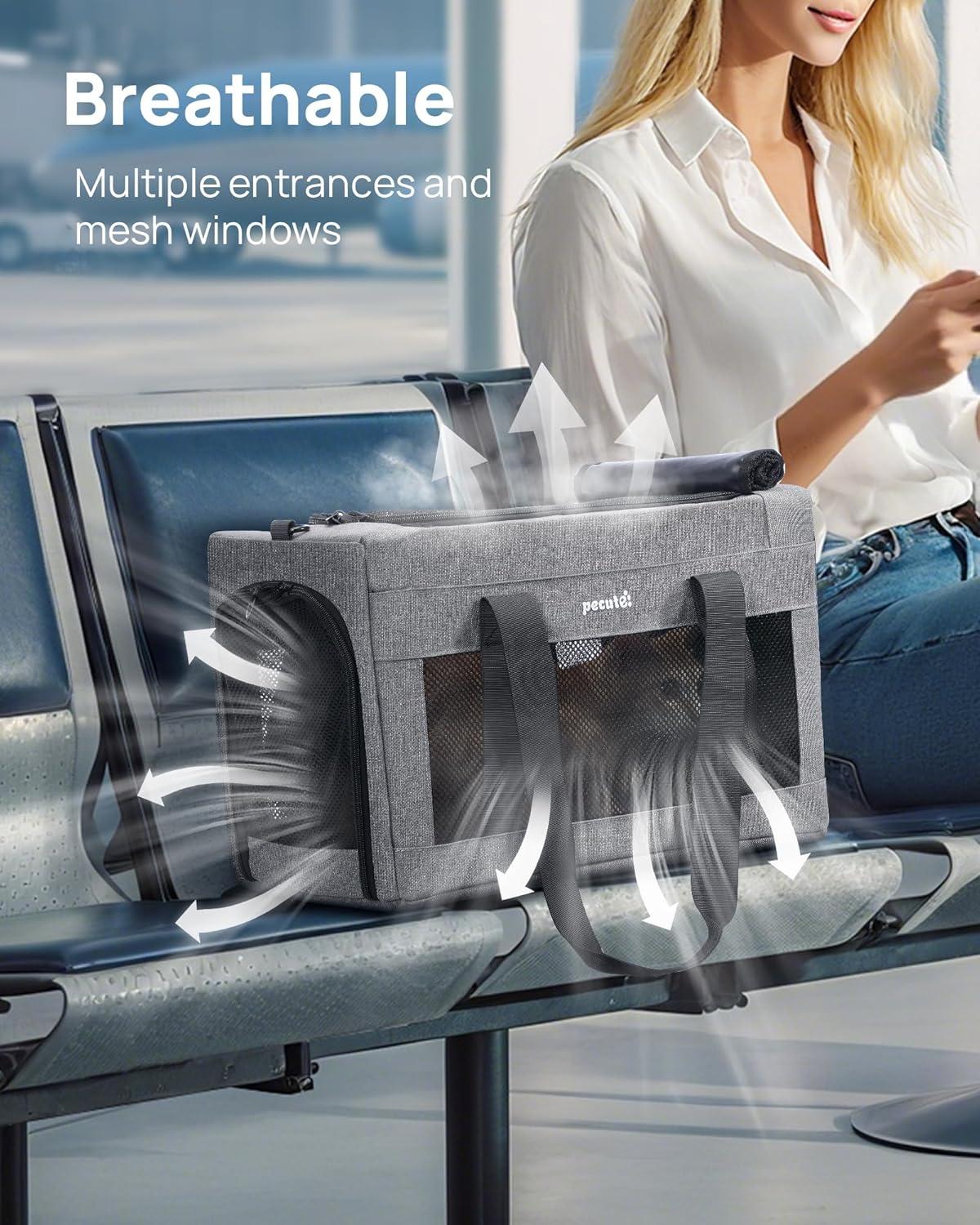 Thumbnail 4 de Sac de transport pour chat Pecute approuvé par les compagnies aériennes, châssis rigide et fenêtres en maille gris