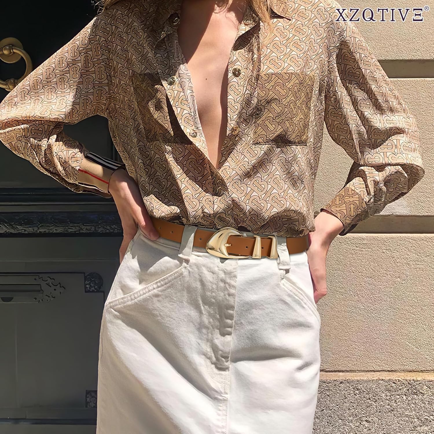 Thumbnail 4 de XZQTIVE women’s leather-look belts with gold buckle for jeans and dress pants (black/brown)