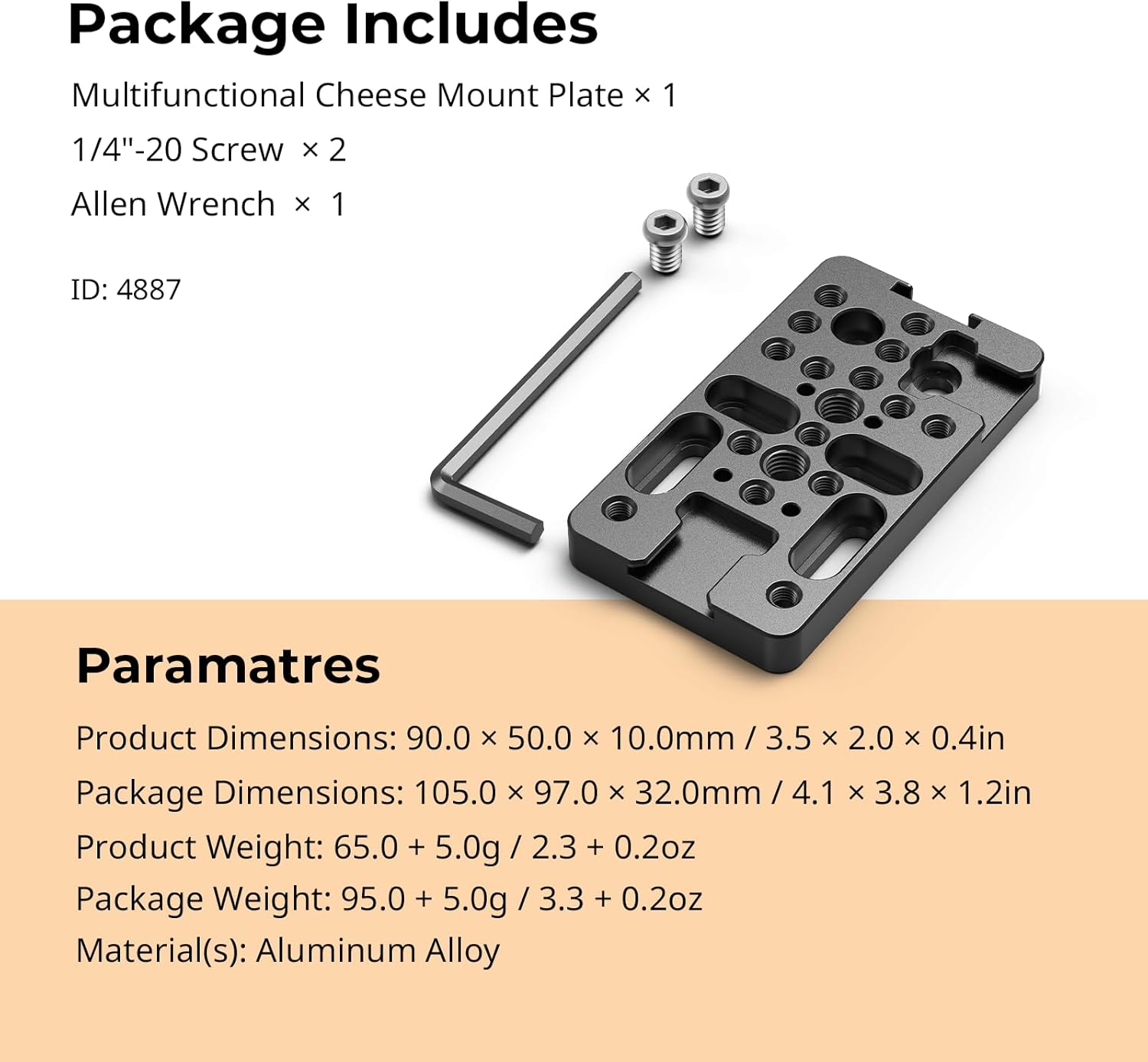 Detalle de SMALLRIG Verlängerungs-Käseplatte für Kamera-Rigs (4887) mit 1/4" & 3/8" Gewinden, Cold Shoe und ARRI-Positionierung
