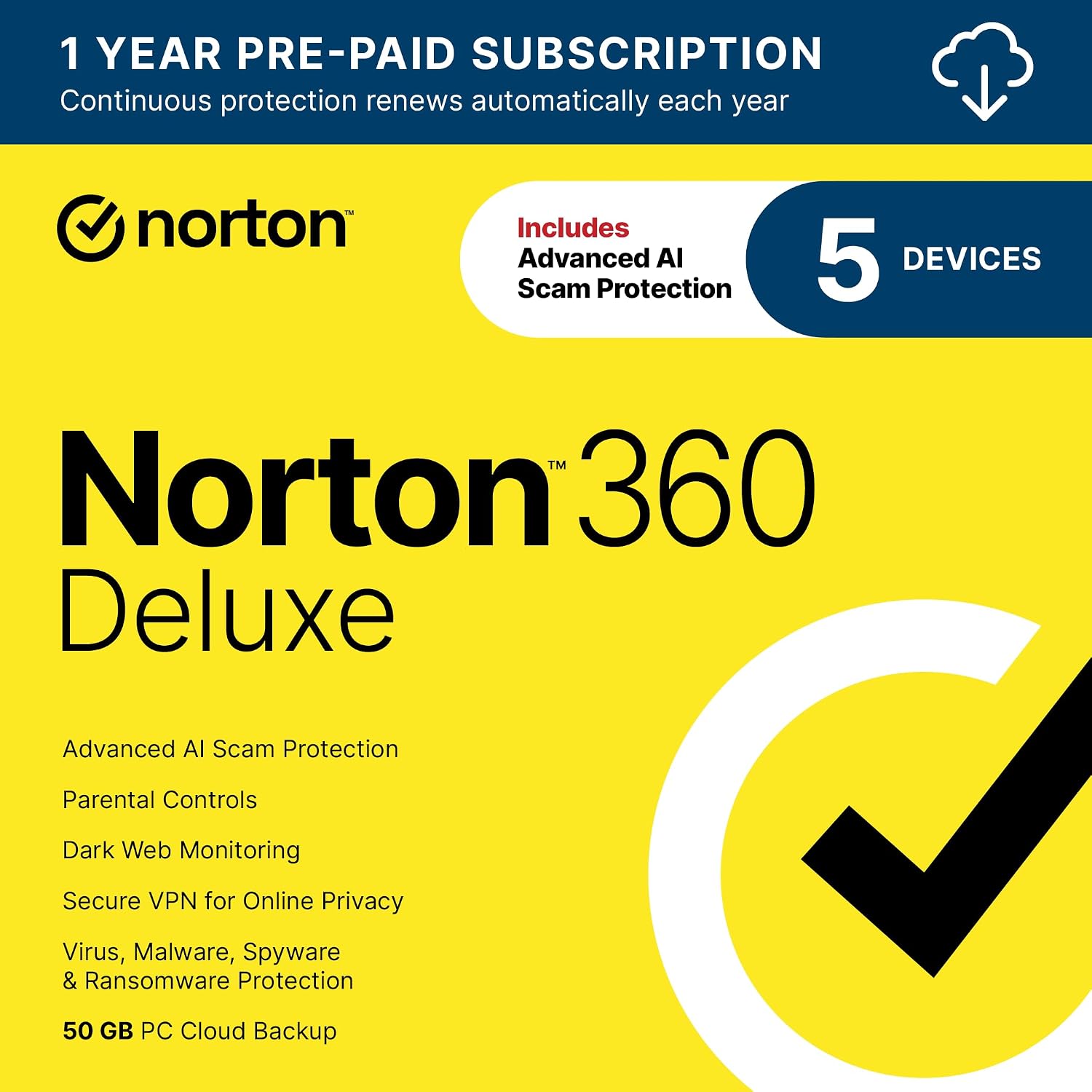 Detalle de Norton 360 Deluxe: Antivirus for 5 Devices with AI Scam Protection, VPN, Dark Web Monitoring & 50 GB Cloud Backup