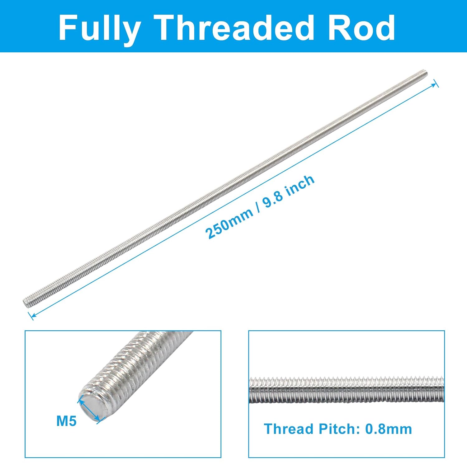 Thumbnail 2 de Cjueiom 4 Pcs M5 x 250mm Fully Threaded Rods, 304 Stainless Steel, Right-Hand Threads