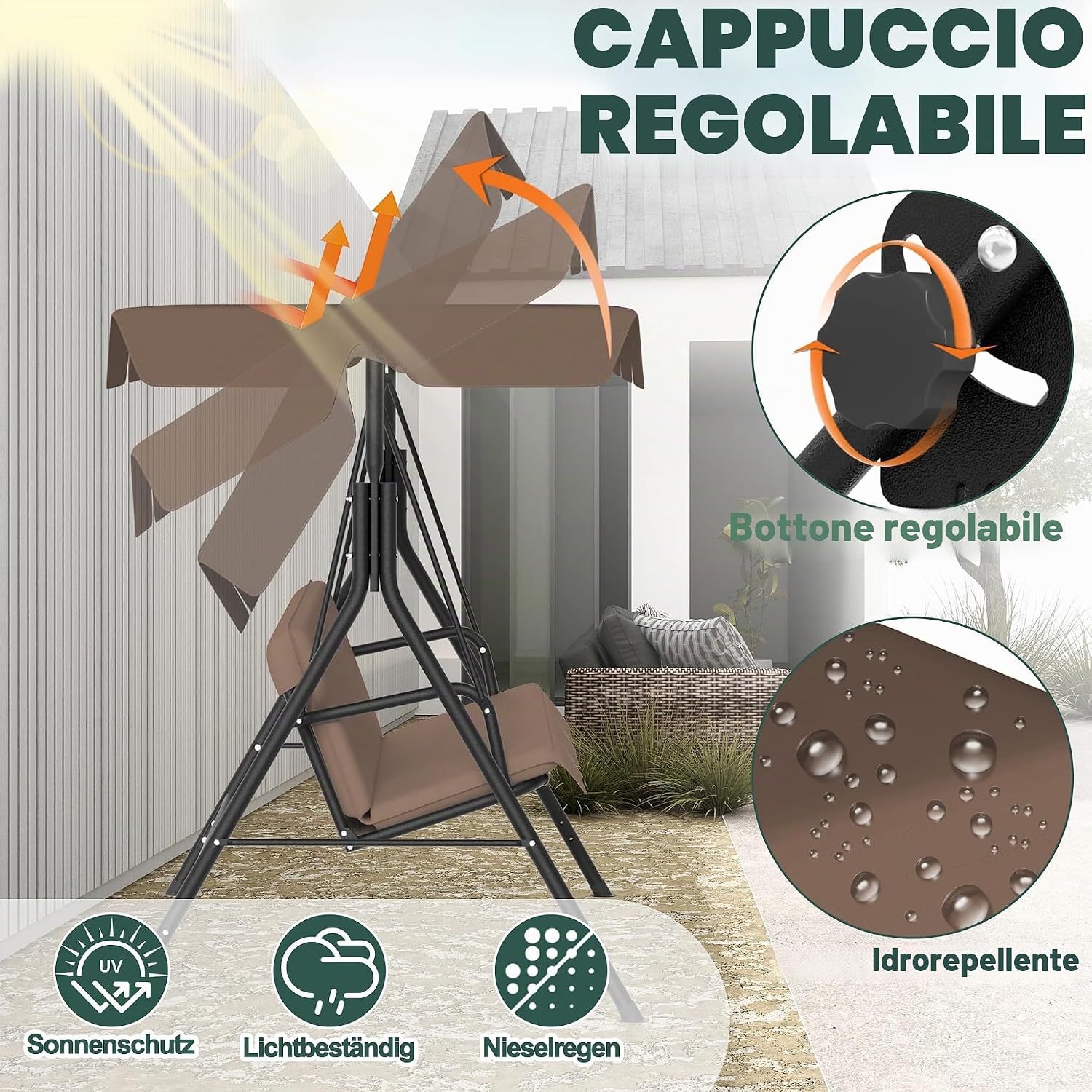 Detalle 1 de UISEBRT Dondolo da giardino a 3 posti con tettuccio regolabile – marrone scuro, 176 × 110 × 152 cm