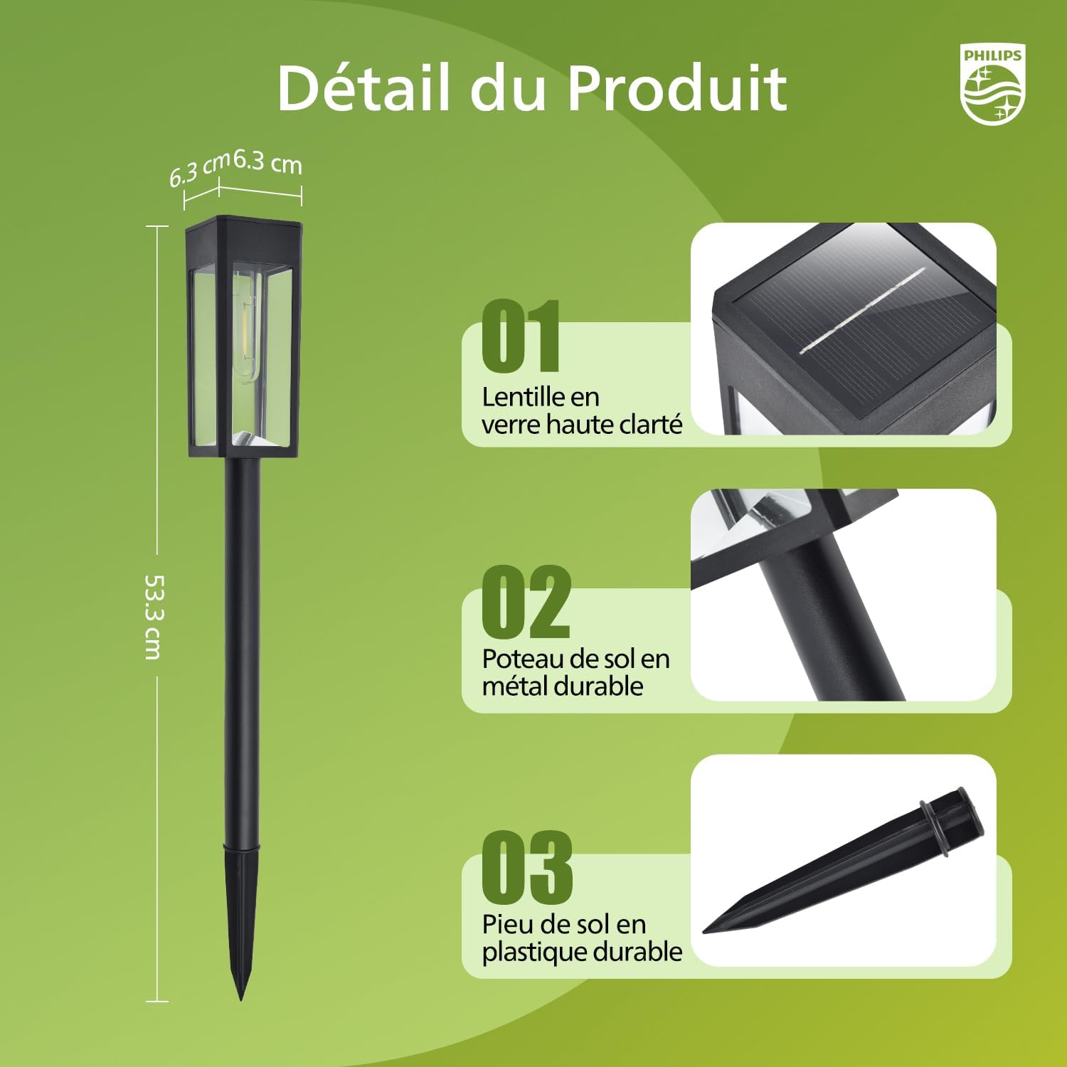 Detalle de Philips Lot de 8 Lampes Solaires pour Allées – Éclairage Paysager LED 3000K