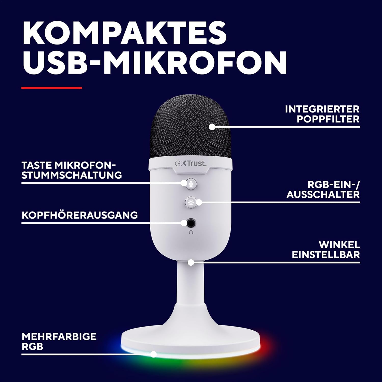Thumbnail 1 de Trust Gaming GXT 236W Yami USB Streaming Mikrofon (Kondensator, Nierencharakteristik) mit RGB – Weiß