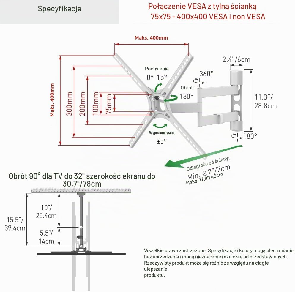 Thumbnail 4 de Barkan 3400W – biały, przegubowy uchwyt ścienny do telewizora do 40 kg