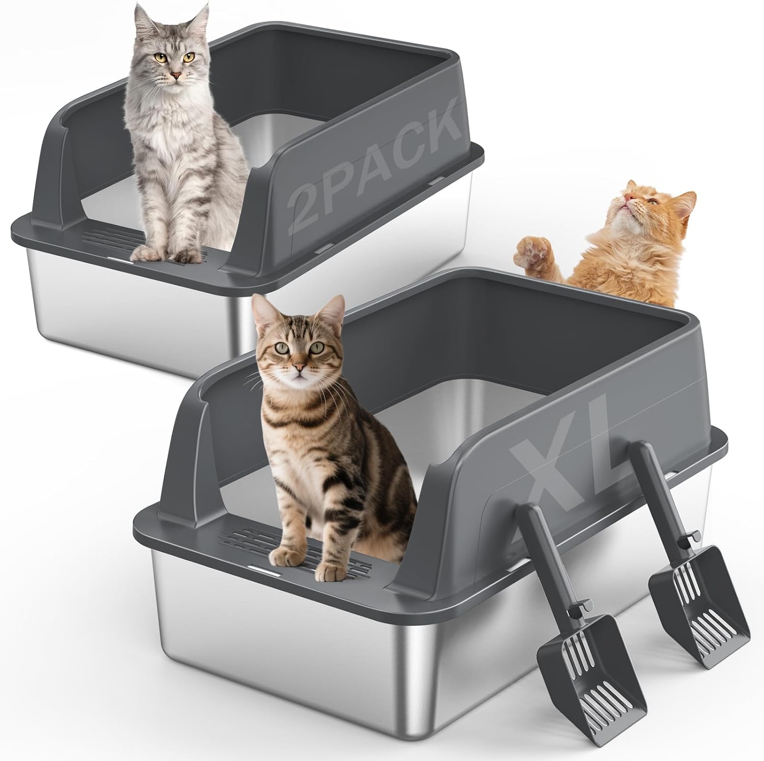 Detalle de MIXJOY PTSP0254-DG-0X2 XL Stainless Steel Cat Litter Box, 2-Pack
