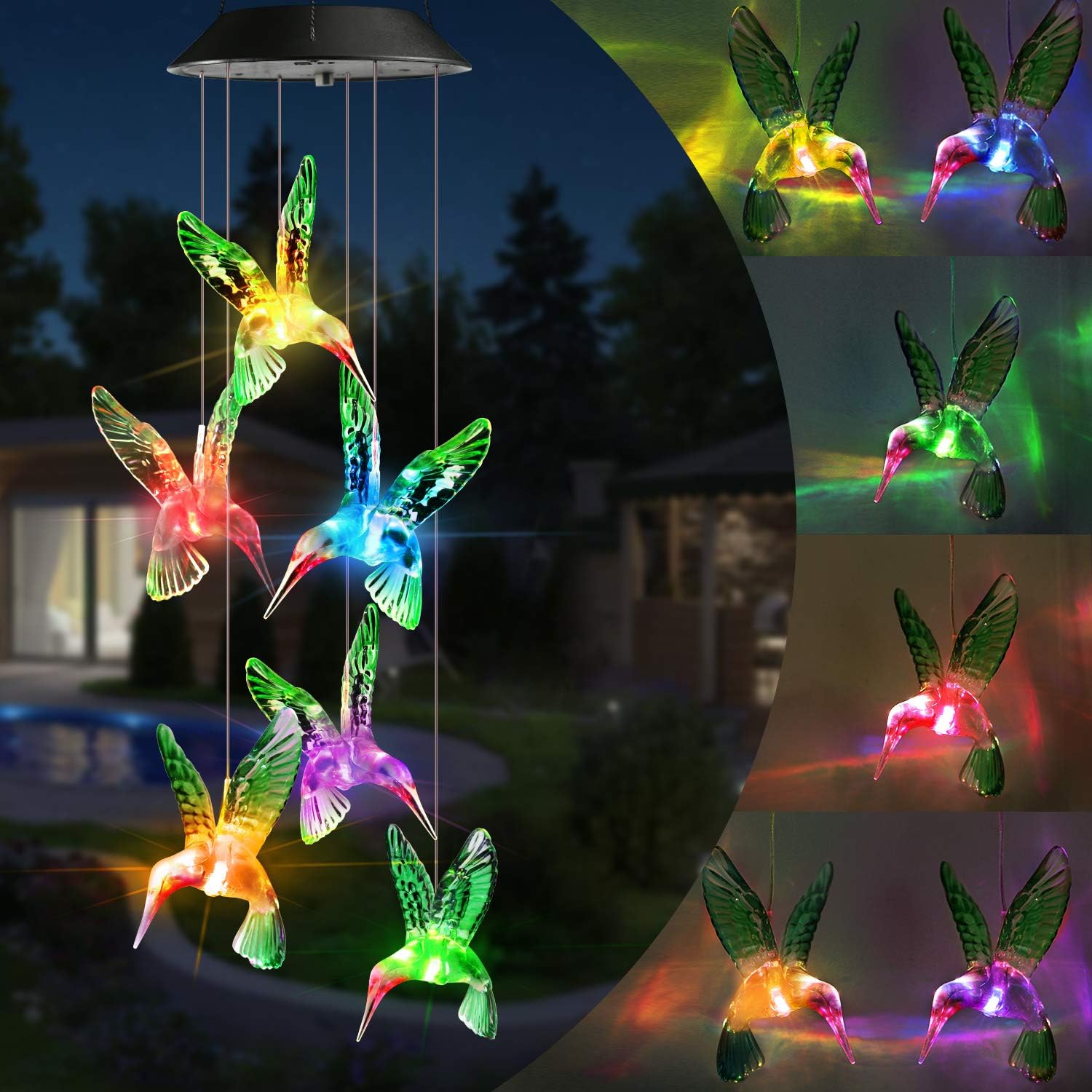 Detalle de Toodour Solar Hummingbird Wind Chime, 7-Color LED Garden Decor