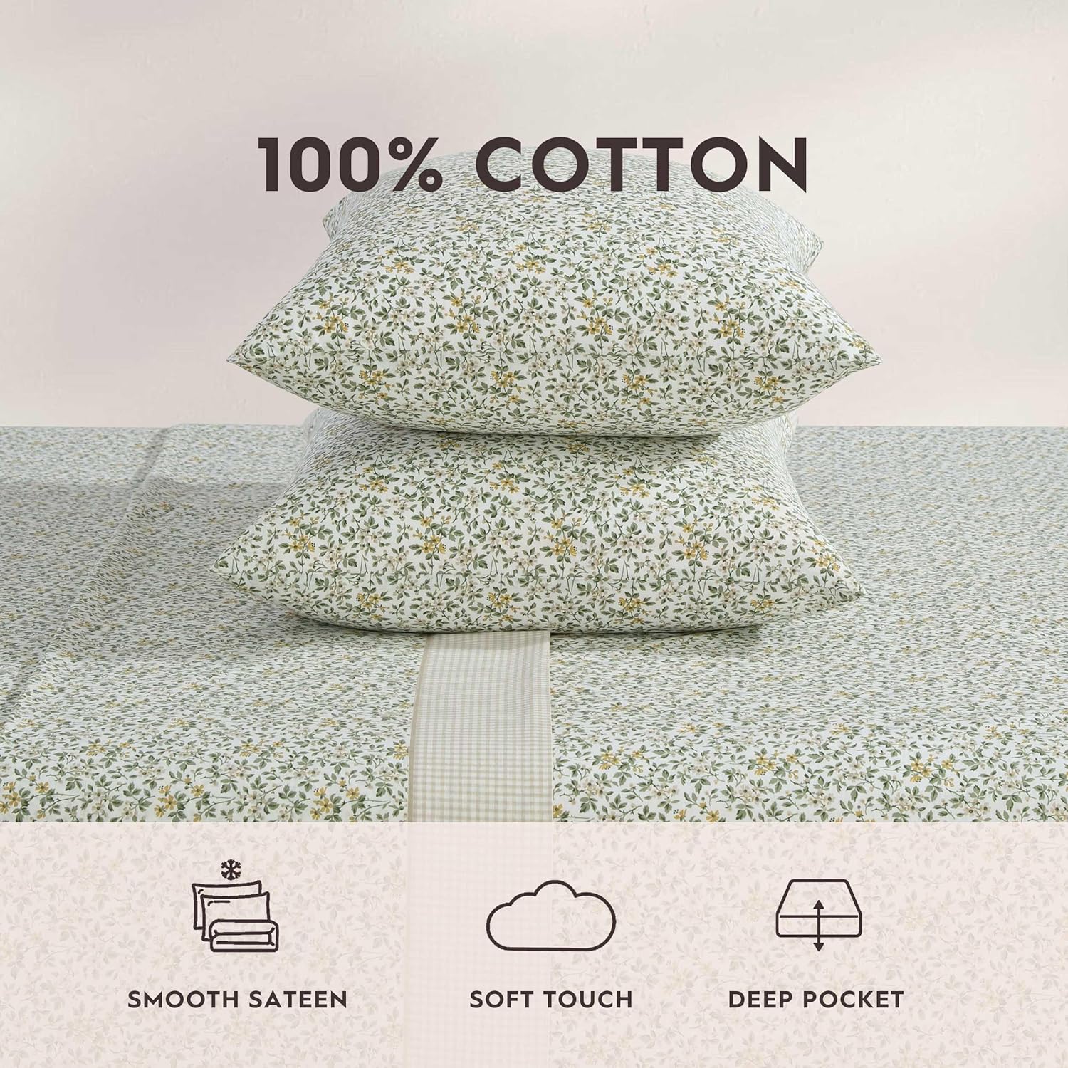 Thumbnail 5 de Laura Ashley Queen Size Sheet Set: Crisp Cotton Percale with Floral-Gingham Details (Tierney Green)