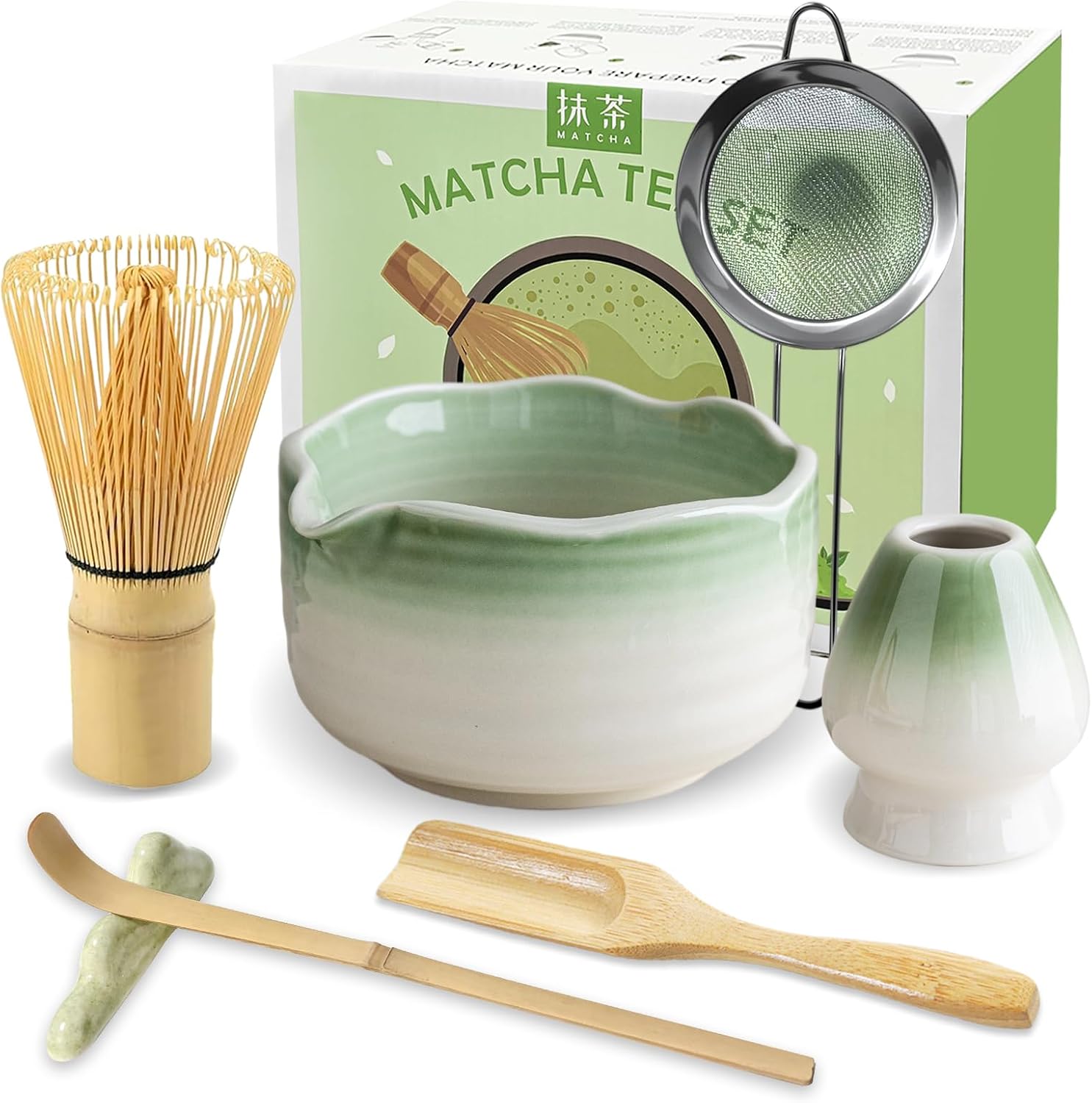 JBER Matcha Besen-Set (7-teilig) mit Schale, Ausguss, Sieb und Halter