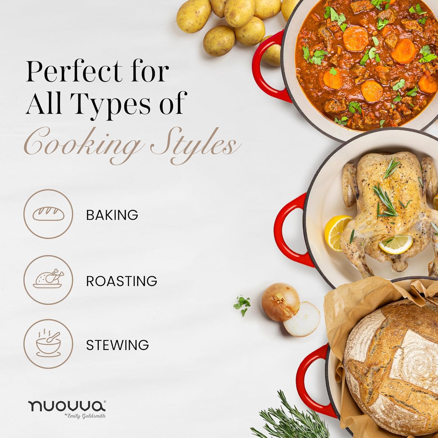 Thumbnail 6 de Nuovva 5-Quart Red Cast Iron Pot with Lid (Enamel Non-Stick Ovenproof Casserole) – Oven Safe up to 500°F, 24cm