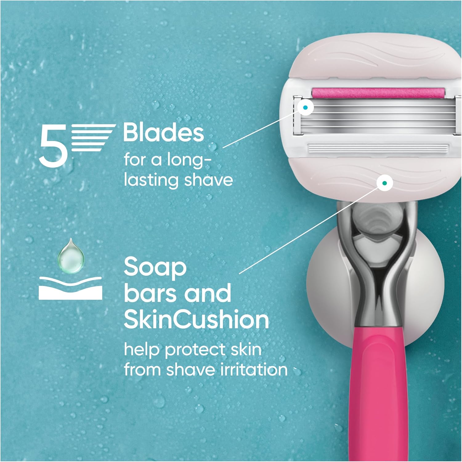 Detalle de Gillette Venus Pro ComfortGlide Pomegranate – 5‑blade system with Olay moisturiser, reusable handle and shower holder