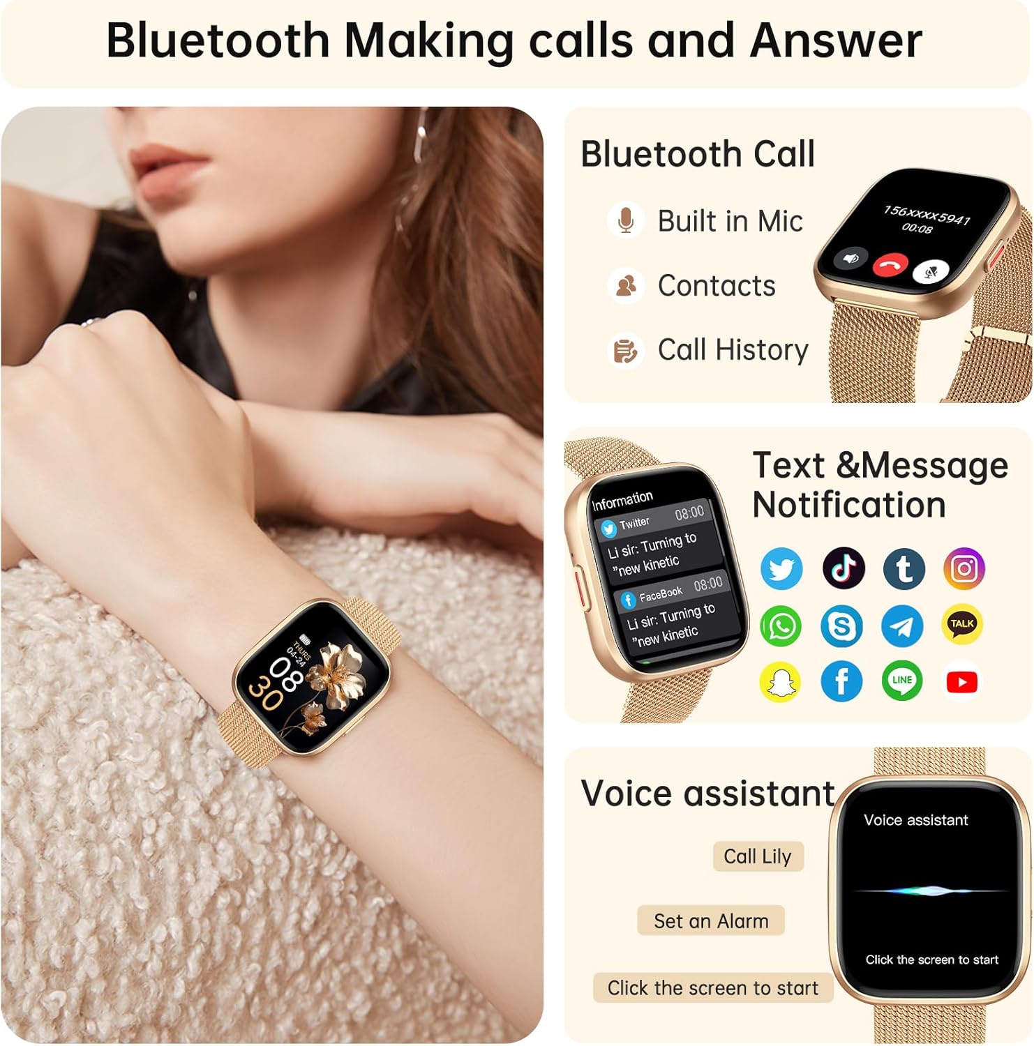 Detalle 2 de taopodo Montre Connectée Femme 1,91" HD avec suivi santé